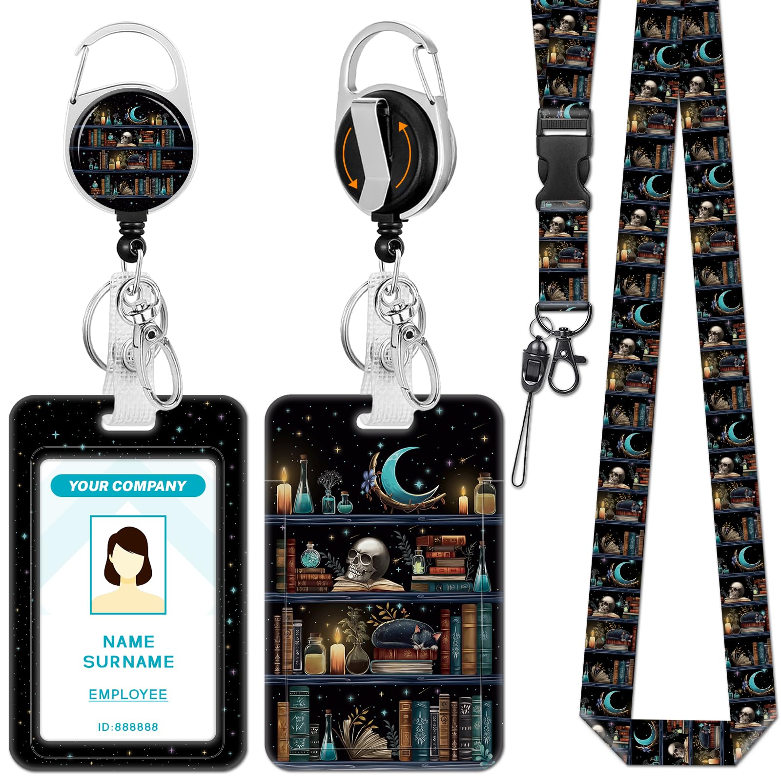Hancynir Skull Black Cat Bookshelf Lanyards for Id Badges, Retractable Clip