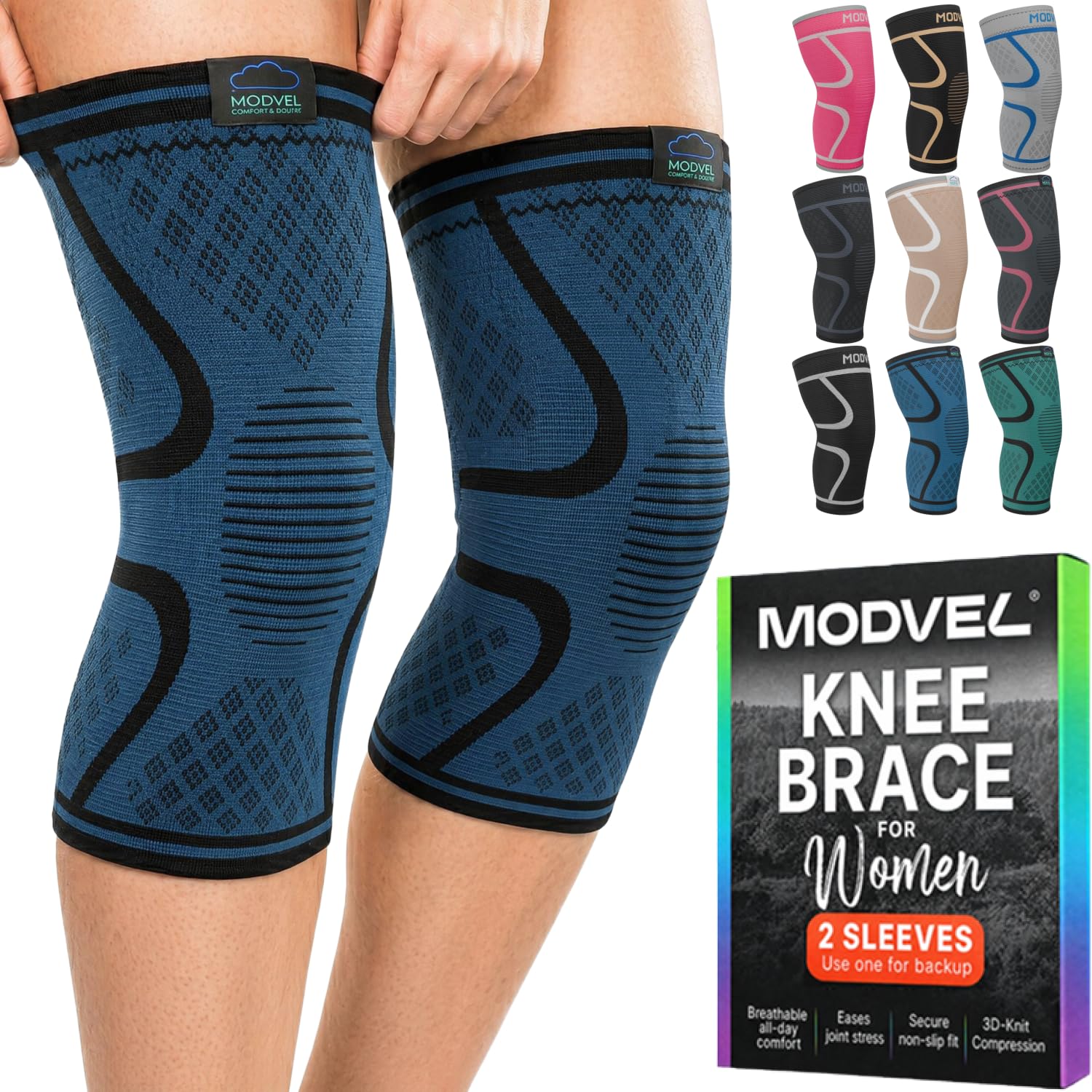 Modvel 2 Pack Knee Brace for Women - Knee Support for Walking, Knee Compression Sleeves for Pain Relief, Knee Sleeves for Women, Knee Brace for Sports, Workouts & Arthritis V Full-blue X-Small Set A - Knee Brace