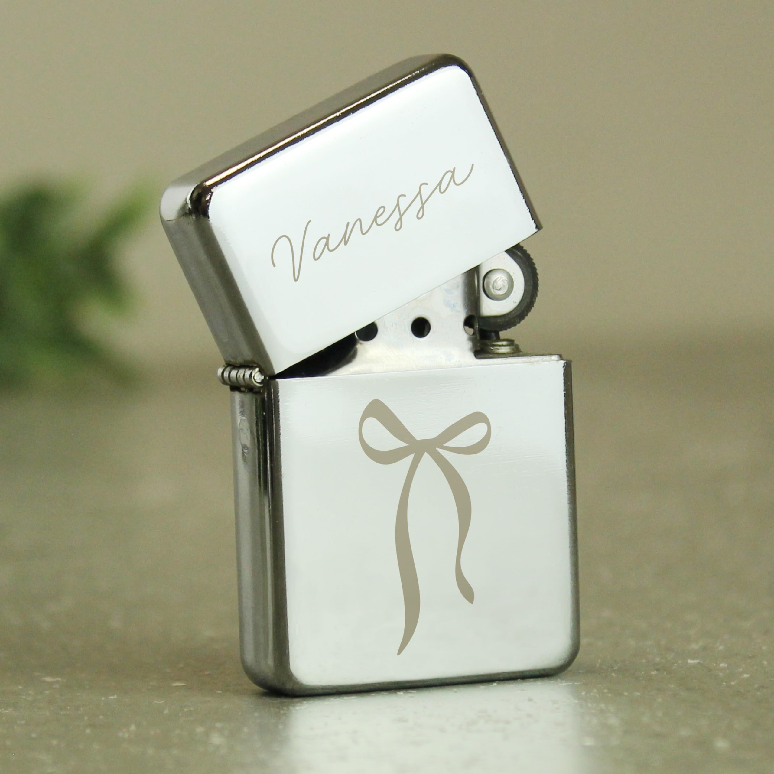 Personalised Memento Silver Personalised Bow Petrol Lighter