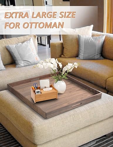 Miniatura 3 de EXISTING Bandeja de 23 x 23 pulgadas para otomana, bandeja grande de madera con asas, bandeja cuadrada marrón de nogal decorativo, para desayuno en