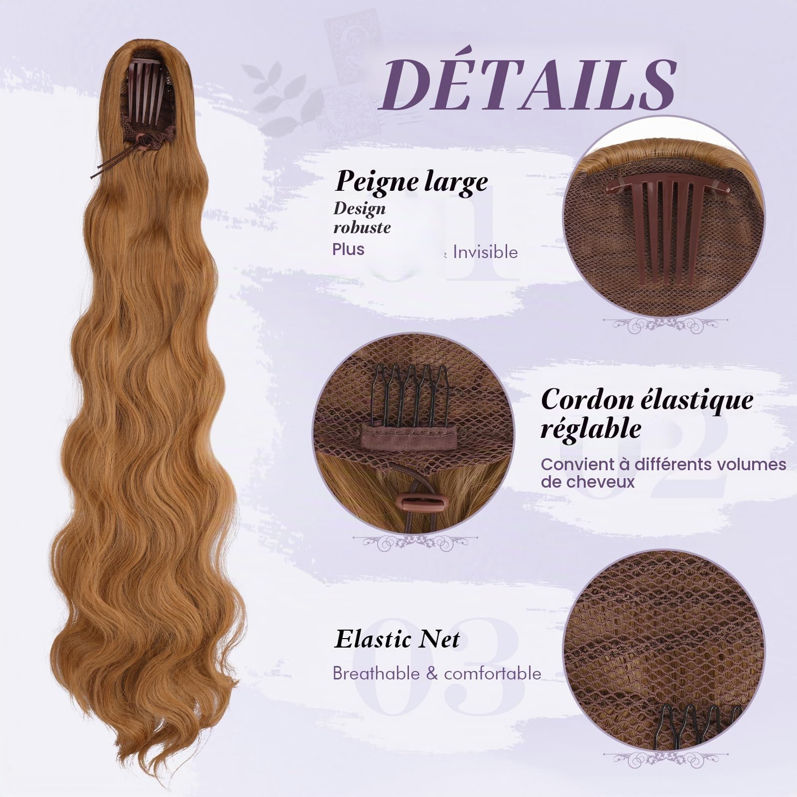 FESHFEN Ondulés Queue de Cheval Extension avec Cordon, 75cm Longue Ponytail Cheveux Naturel Peigne Clip in Postiche Cheveux Synthétique Blond Fraise Extension Cheveux pour Femmes