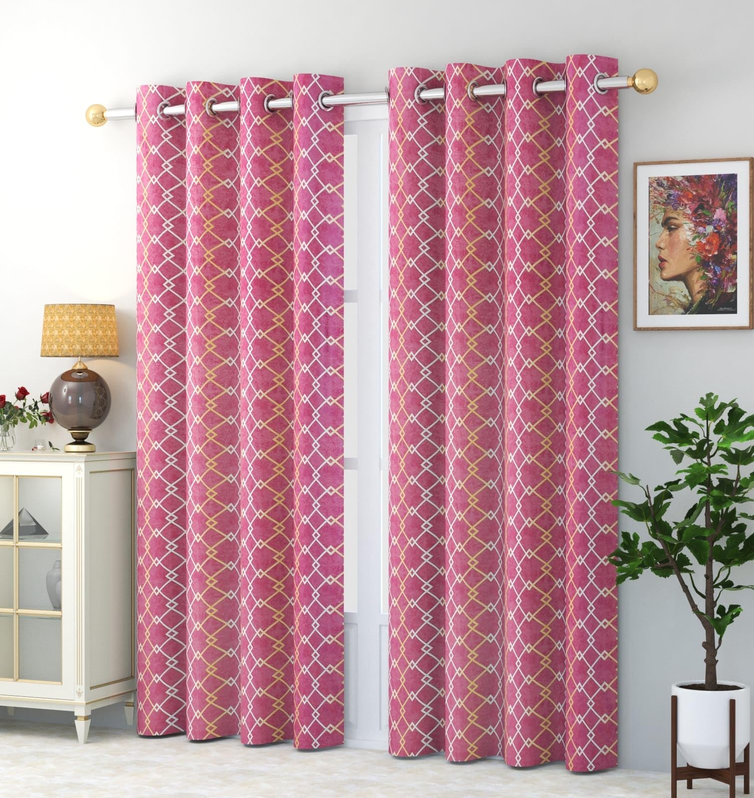 WO FLORA Latest Check Pattern Long Door Curtains for Living Room | Drawing Room Parde | Curtain Panel for Window, Pink Color 9 Feet 2 Pcs Set Curtains