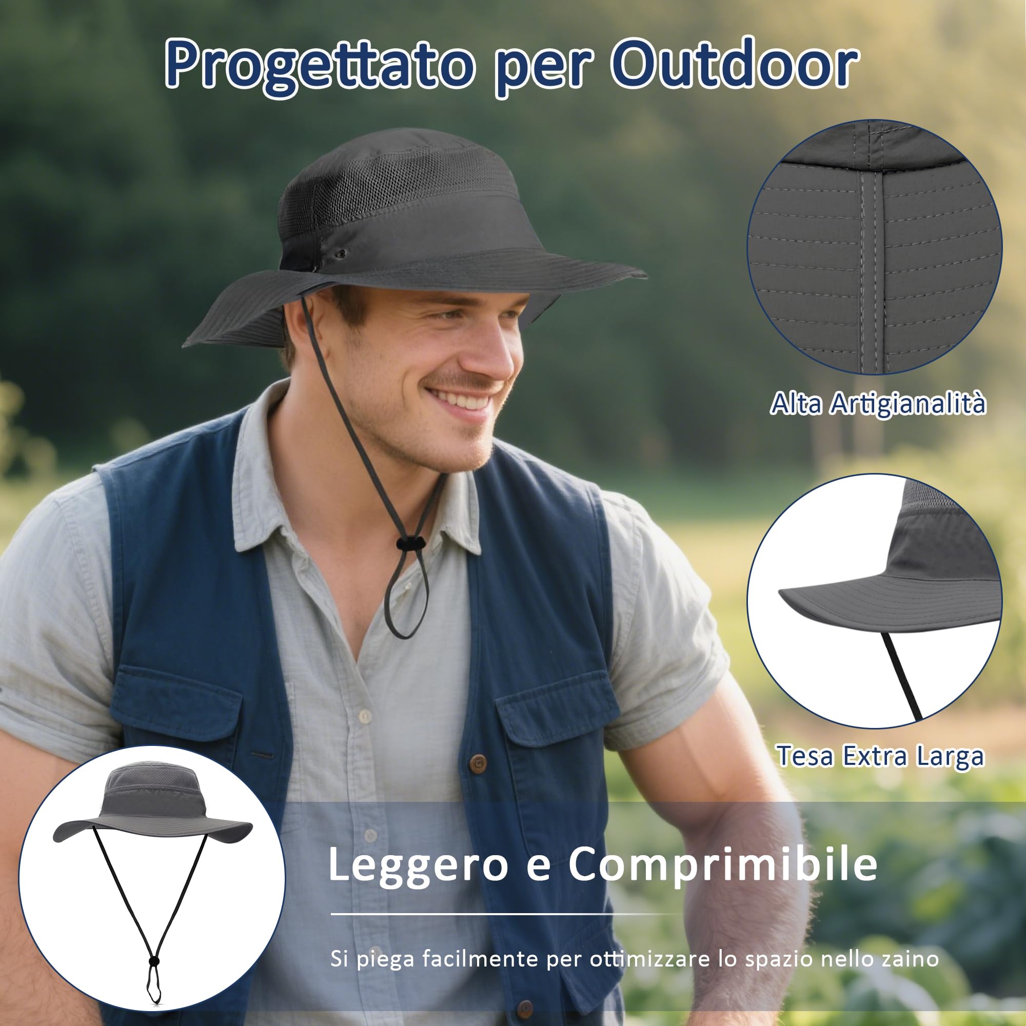 Uomo Donna Cappello da Pesca Antivento Protezione UV UPF 50+ Viaggio attività Escursionismo Vacanza Arrampicata Campeggio All'aperto Safari Hat 56-62cm