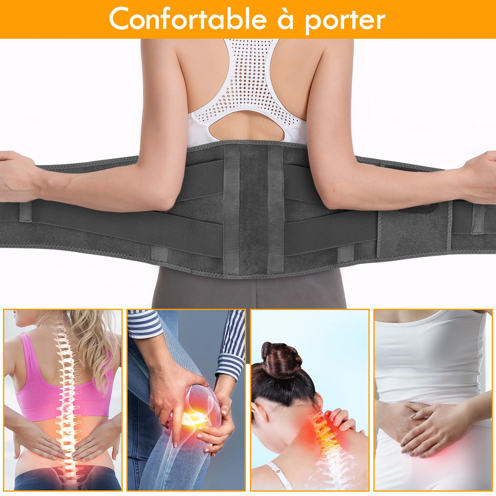 Ceinture Lombaire Chauffante, 16000mAh Batterie Coussin Chauffant Electrique pour La Taille Sans Fil, Ceinture Massante Chauffante avec 3 Modes De Massage et 3 Niveaux de Température,Timer (Gris)