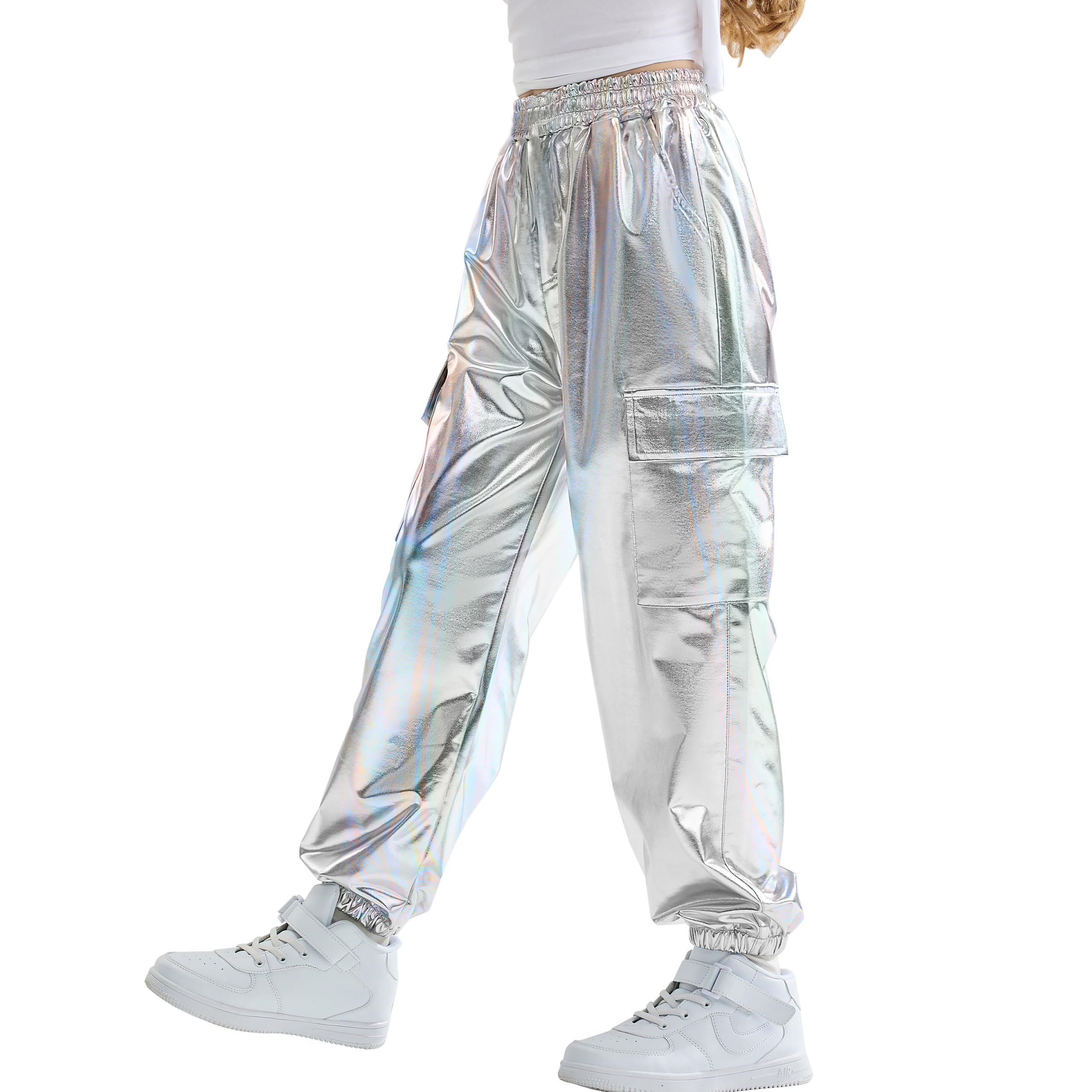 Rolanko Girls Metallic Cargo Pants, Shiny Jogger Pant for Dance 6-15 Years