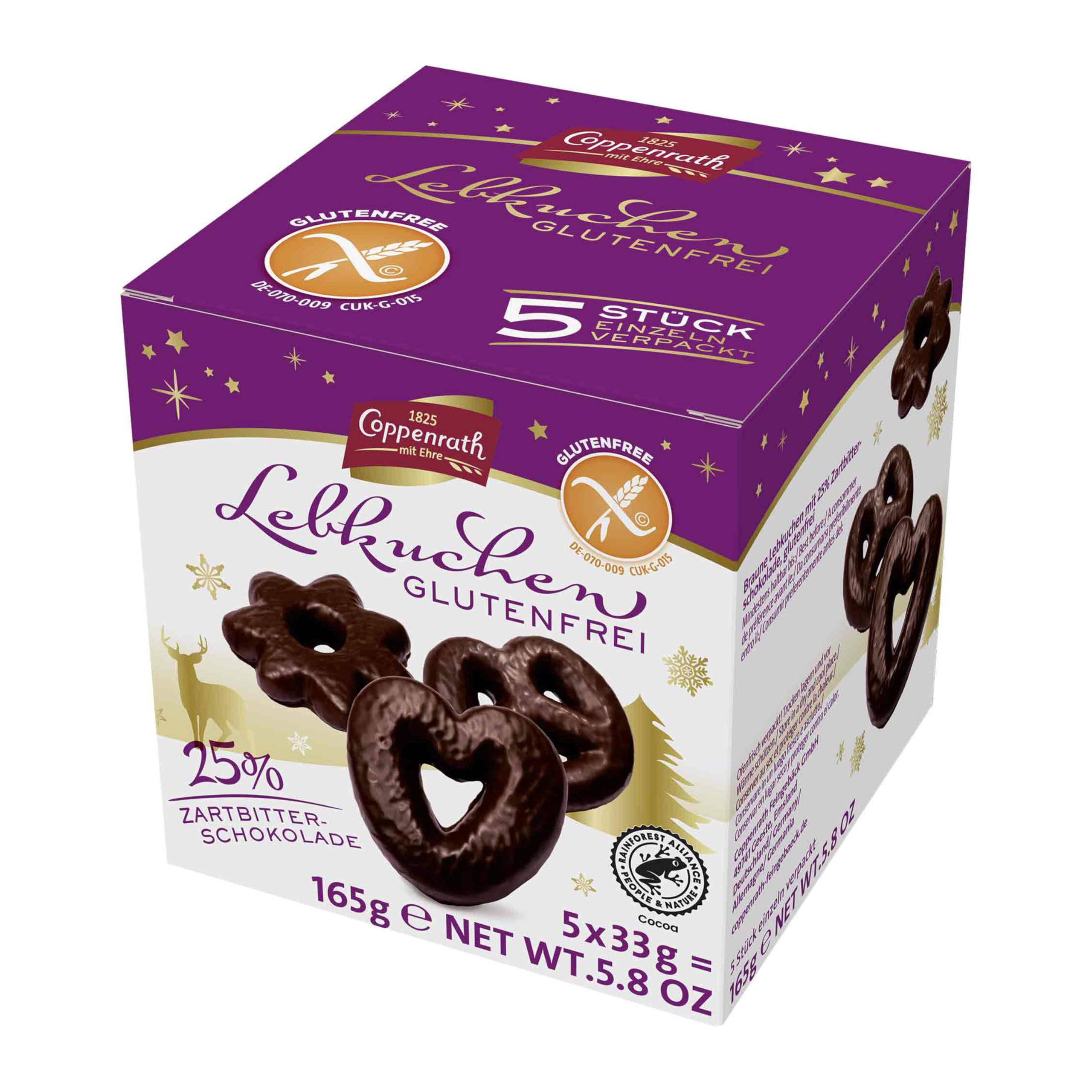 Coppenrath Glutenfreie Lebkuchen 165 g – Mit 25% Zartbitterschokolade überzogen – Weihnachtliche Gebäckspezialität für Zöliakie-Betroffene & glutenfreie Ernährung