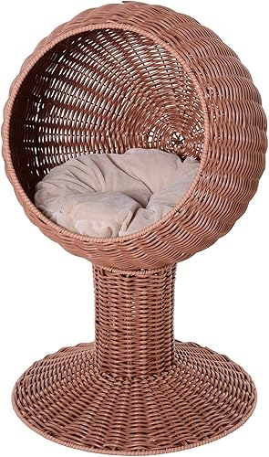 PawHut 27 Hooded Wicker Elevated Cat Bed Rattan Kitten Condo Round with Cushion Brown