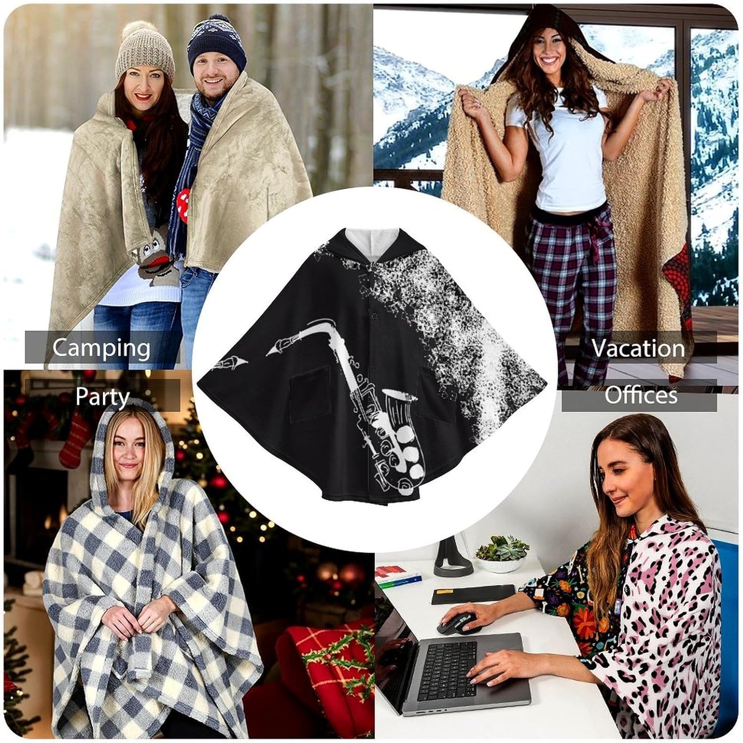 Black White Saxophone Wearable Blanket with Hooded Flannel Blankets Cape with Pocket