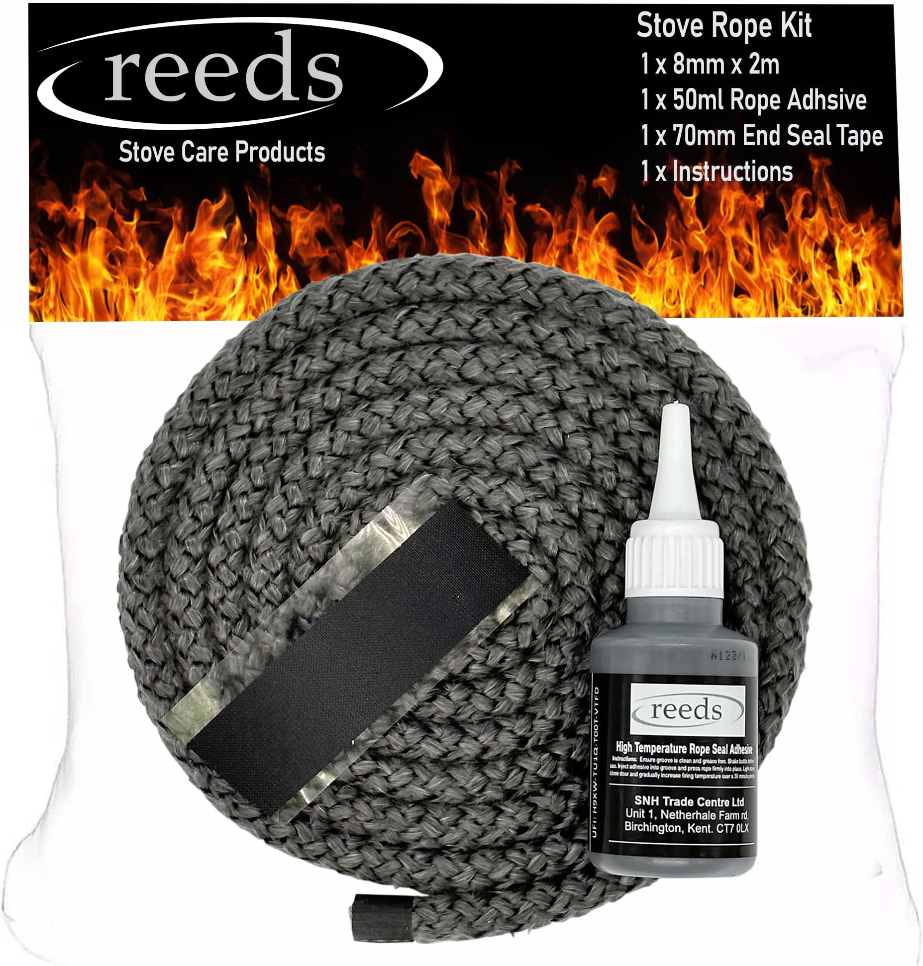Black Stove Rope Kit 8mm x 2m Long with Reeds Adhesive Flues Glass Door