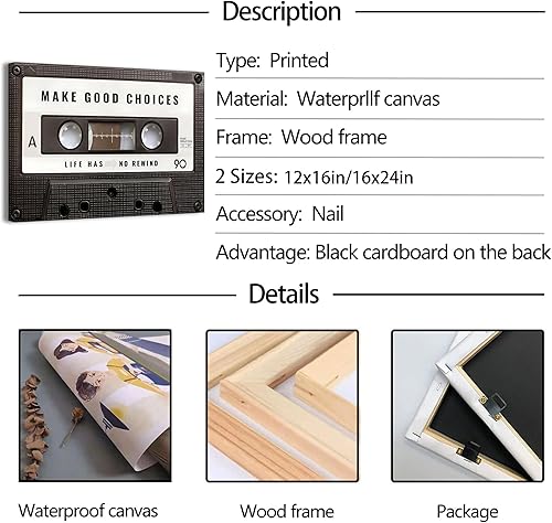 Miniatura 3 de Lienzo inspirador para la oficina, cuadro vintage de cinta de cassett, impresiones para hacer buenas elecciones, la vida no tiene rebobinado, arte