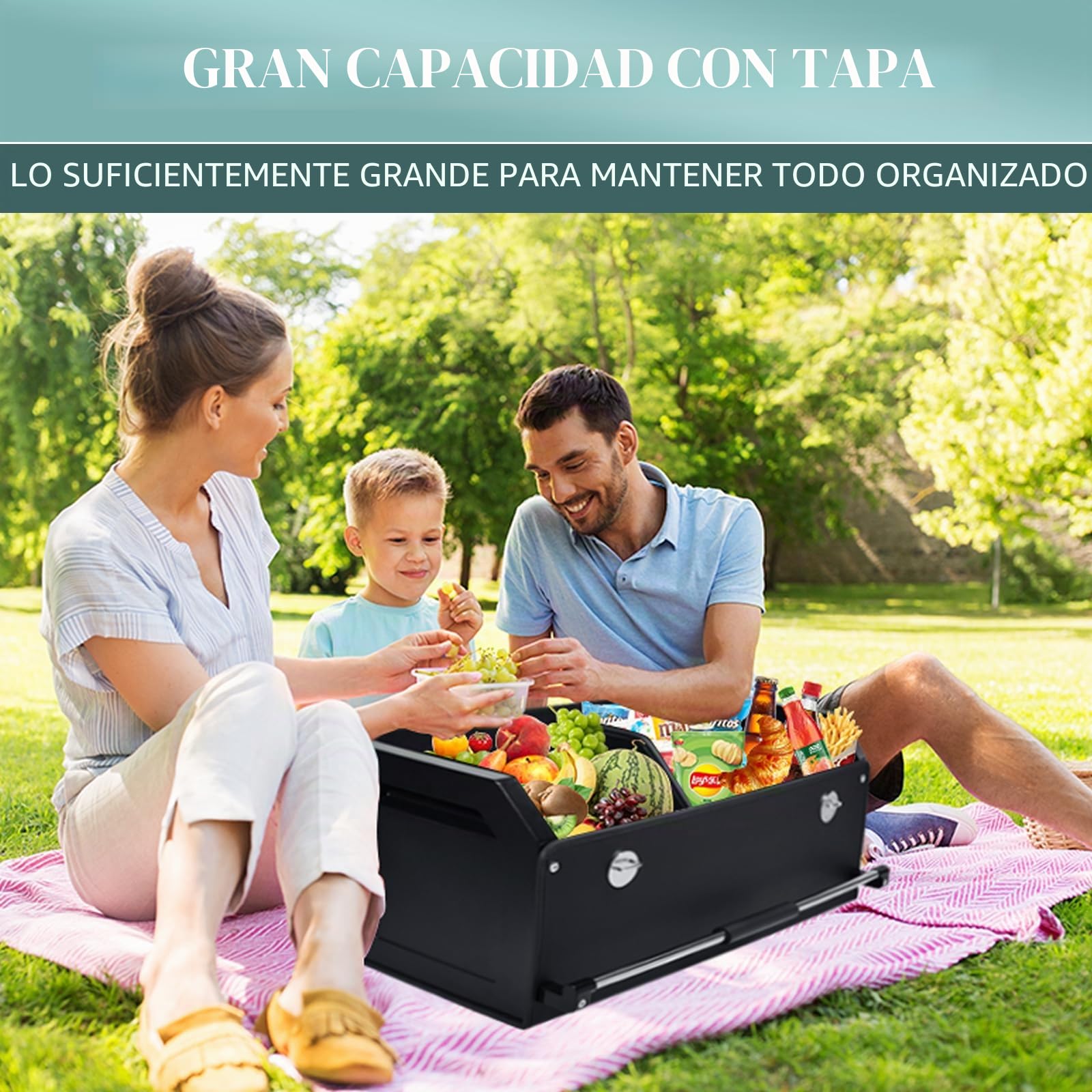 Organizador de Maletero de Gran Capacidad 60L para Coches y SUVs - Caja de Almacenamiento con Tapa, Asa Robusta y Base Antideslizante - Compartimento Extraíble(Negro, 69x29x31cm)