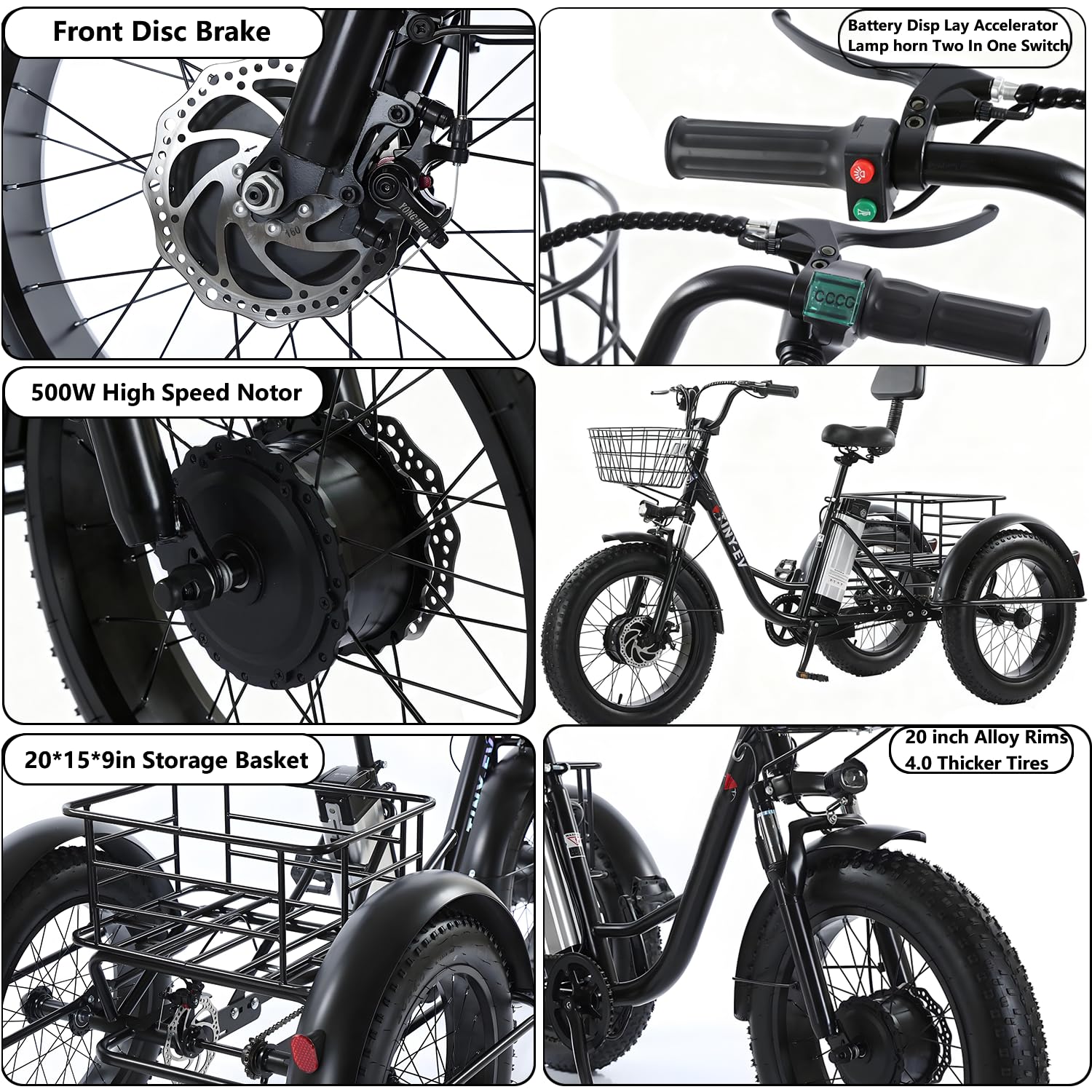 Triciclo Elettrico Adulti 20"x4.0" Fat Tire – 48V 12Ah Batteria Rimovibile, 350W Motore, Triciclo Elettrico da Carico Non Pieghevole con Sospensioni, Cestino, Autonomia Fino a 40km