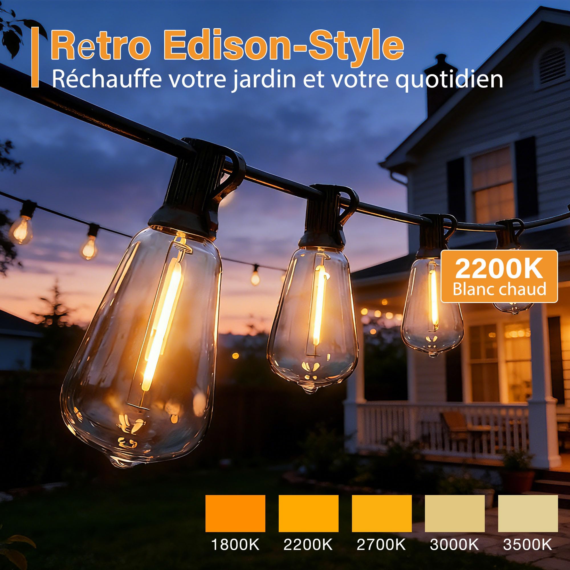 HeiPard Guirlande Lumineuse LED d'extérieur 10m – 15+1 Ampoules ST38, avec Télécommande, 3 Modes, Minuterie et intensité variable, étanche pour jardin, pavillon, terrasse