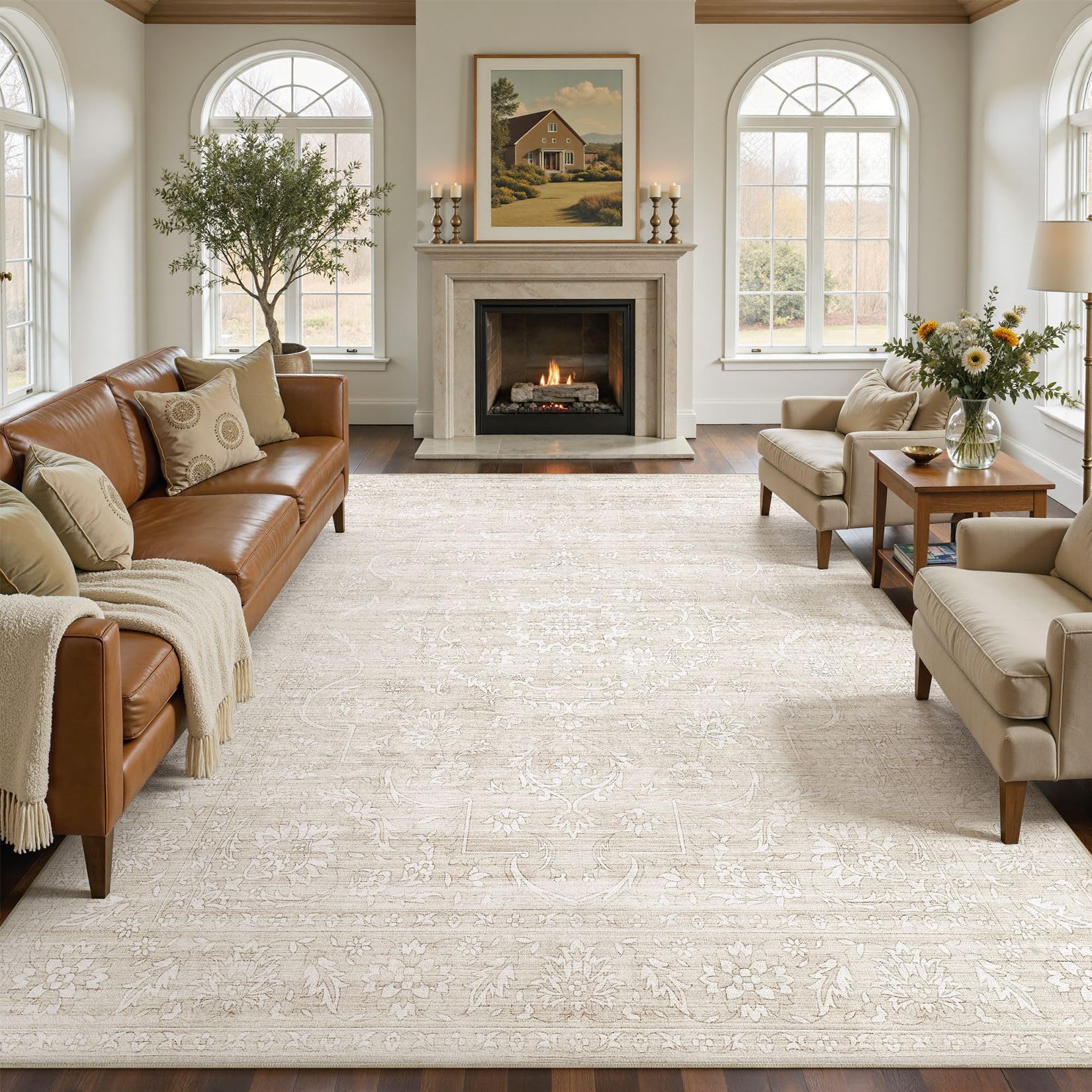5x7 Area Rugs Living Room: Washable Large Vintage Beige Rug Neutral Non-Slip Soft Stain Resistant Indoor Carpet for Bedroom Nursery Dining Room Under Table Bed Home House Office Playroom — view 11