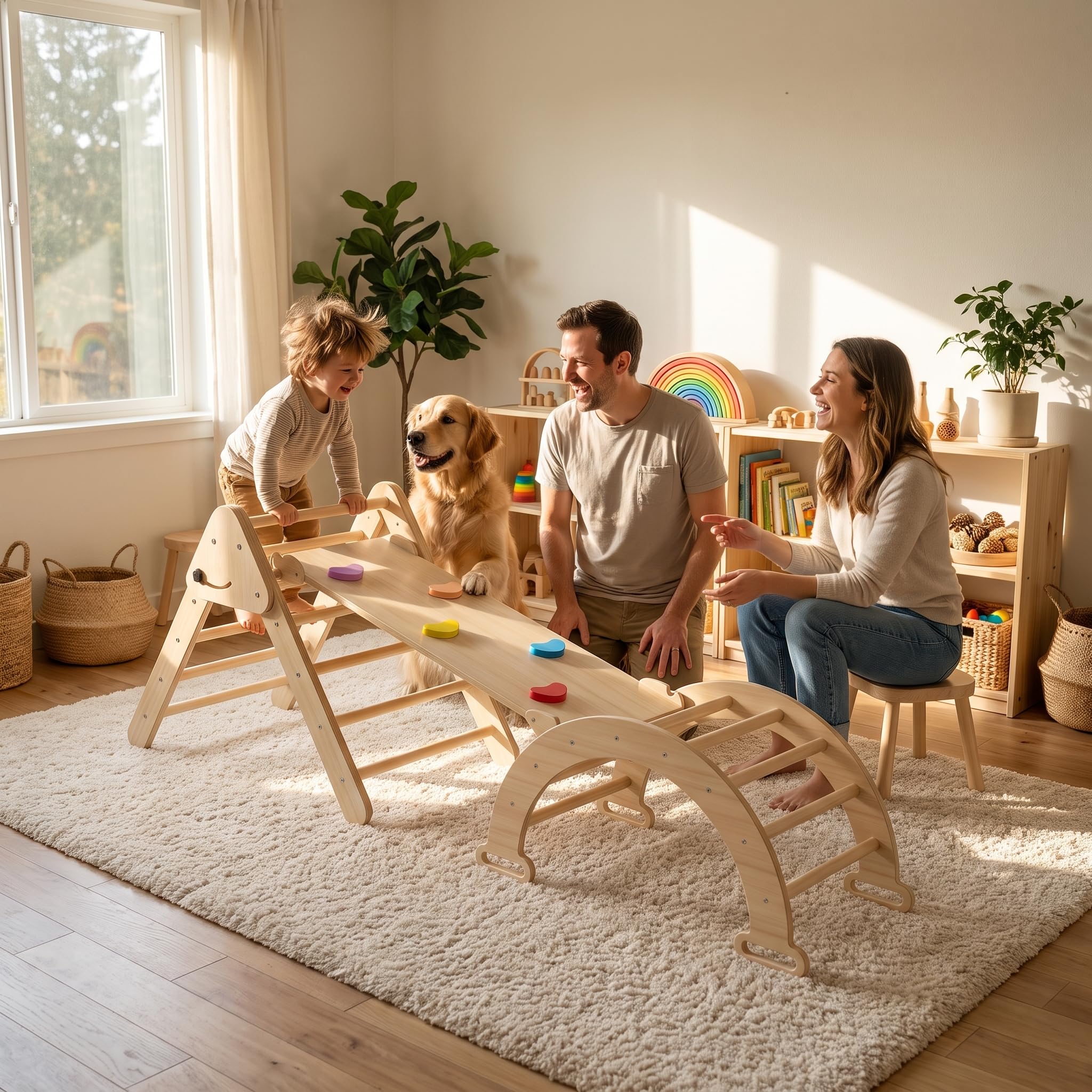 XMTECH Kletterdreieck mit Kletterbogen & Rutsche – 4 in 1 Holz Klettergerüst Indoor, Kletterspielzeug für Kleinkinder 1-3 Jahre, belastbar bis 40 kg, inkl. Kletterbrett & Motorik-Spielgerät