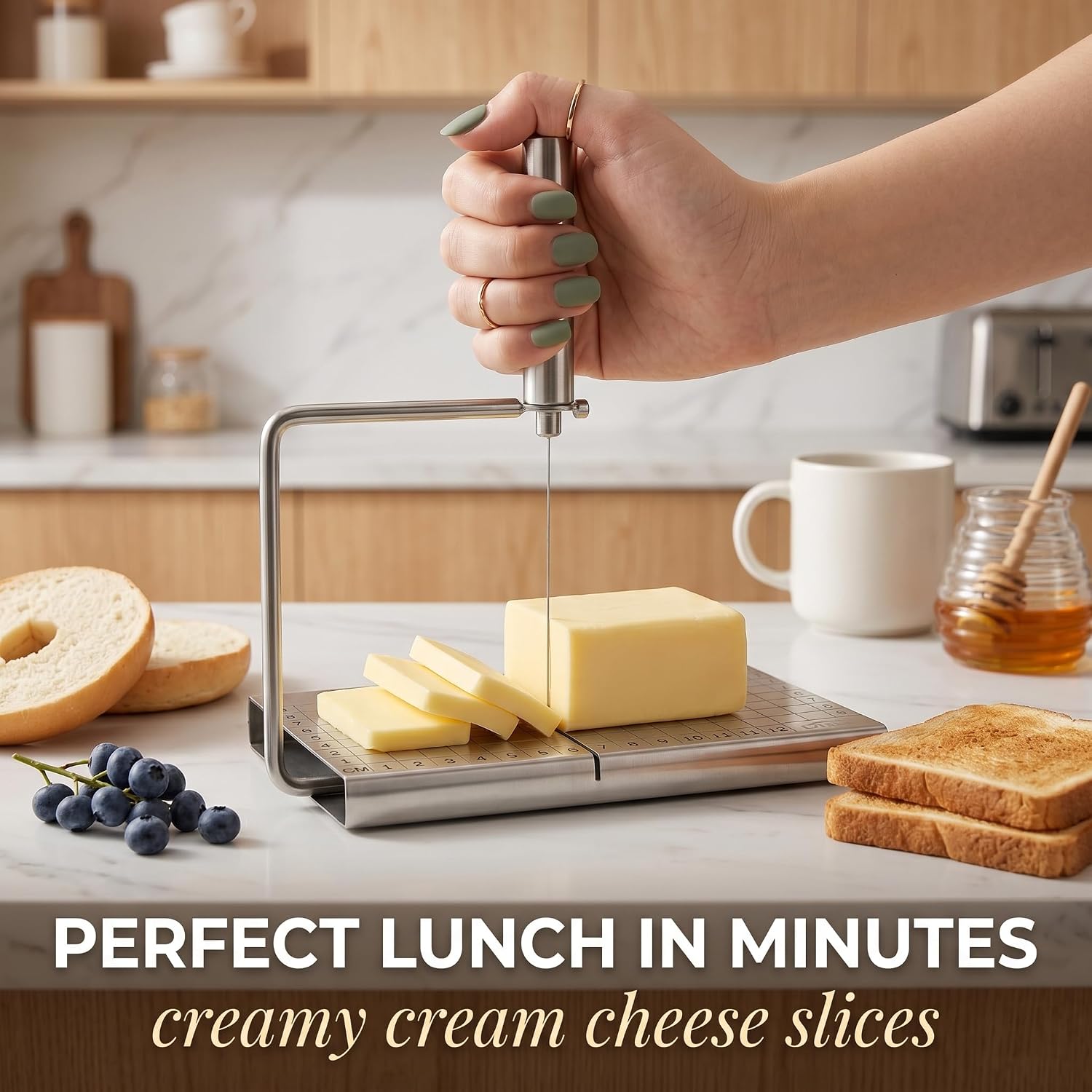 Cheese Slicer Board with Wire, Stainless Steel Cheese Cutter with Measuring Grid, Adjustable Thickness for Cheese & Butter, Includes 5 Replacement Wires