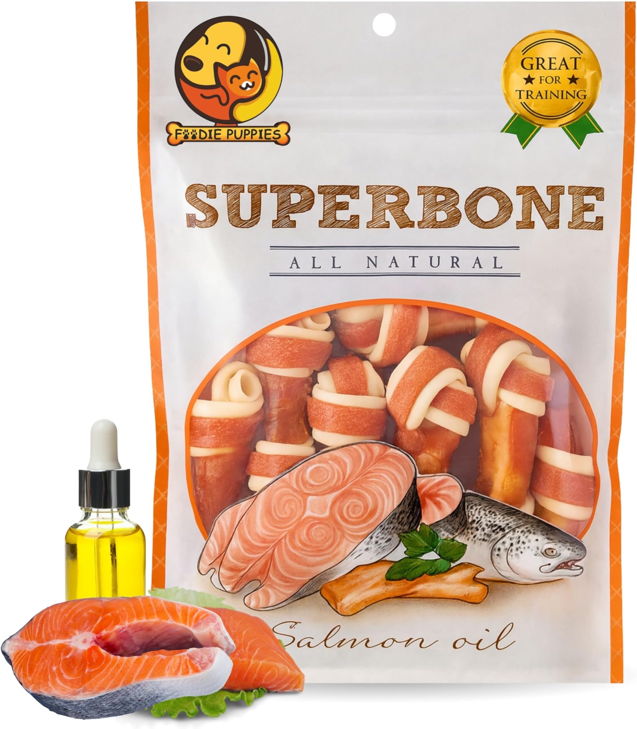 Superbone All Natural Chicken Knotted Dog Treat, 7 in 1 (Salmon Oil, Pack of 1) | Highly-Digestible Training Chew Treat | Healthy and Tasty Snack Suitable for All Breeds of Dogs