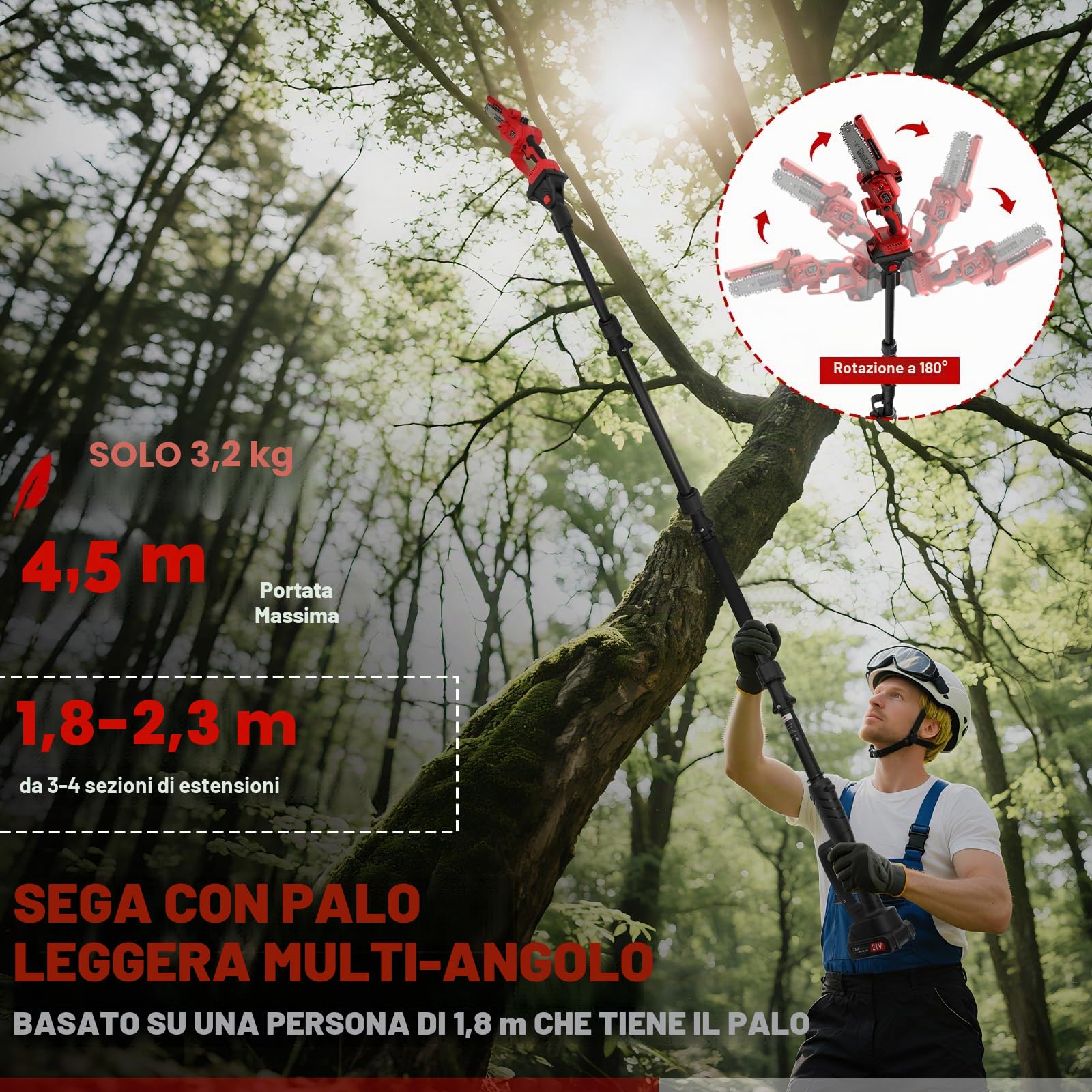 WingFly 2-in-1 Mini Motosega a Batteria con Asta Telescopica, 6 Pollici Mini Motosega Senza Spazzole con 4000mAh Batterie, Sistema di olio automatico, fino a 4,5 m di lunghezza di lavoro