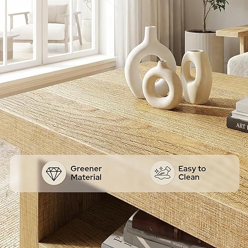 Miniatura 5 de Mesa de centro de granja de 47 pulgadas con almacenamiento, mesas auxiliares rectangulares de madera para sala de estar, mesa central de 2 niveles