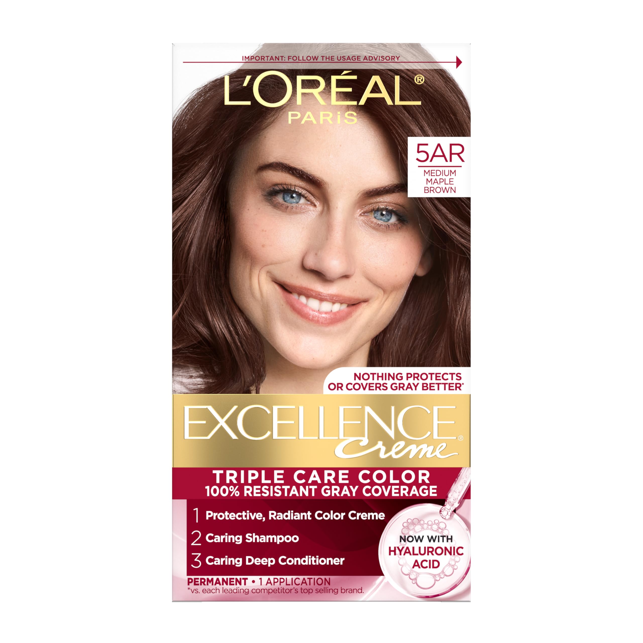L'Oreal Paris Excellence Creme Permanent Triple Care Hair Color, 5AR Medium Maple Brown, Gray Coverage For Up to 8 Weeks, All Hair Types, Pack of 1