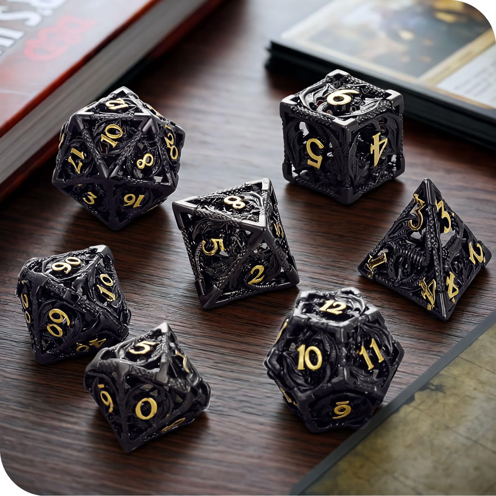 Dés Baguette DND En Métal – Set 7 Dés D20 D12 D10 D8 D6 D4 D% – Collection Goblin – Pour Donjons Et Dragons
