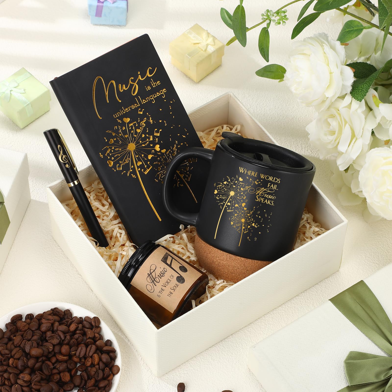 SiliFine 4 Pcs Music Lover Gifts Women Men 15 oz Musician Coffee Mug with Lid Leather Journal Notebook Candle and Pen Set Music Teacher Thank You Gift for Piano Students Birthday Retirement(Black)