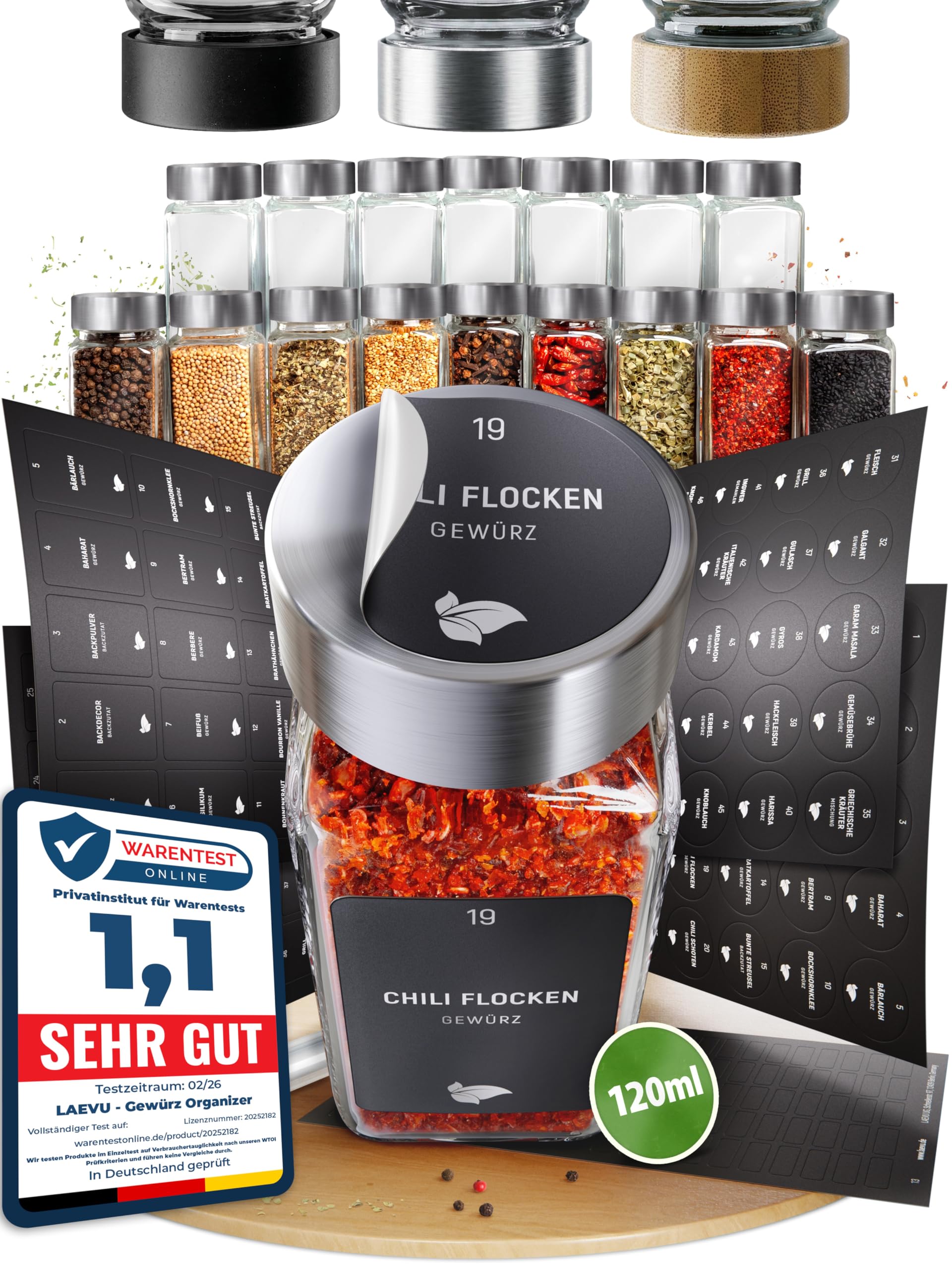 LAEVU Gewürzgläser eckig Edelstahl | 24 Stk. à 120 ml – 10,5 x 4,5 cm | Gewürzstreuer Set für mehr Ordnung in deiner Küche | Gewürz Organizer Komplettset mit viel Zubehör