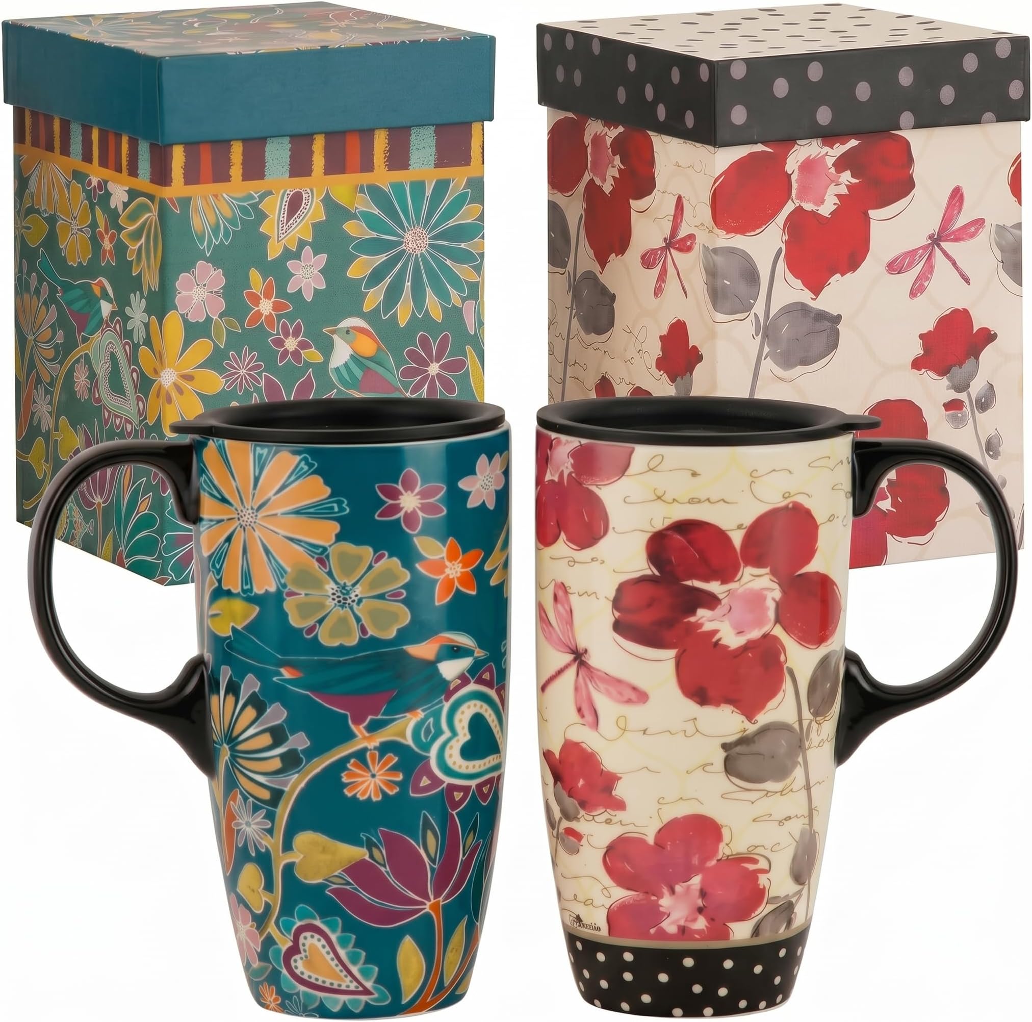 Topadorn 17 oz Tall Ceramic Latte Mug Coffee Cup with Handle Sealed Lid Coffee Mug, Set of 2, Mother's Day Gift