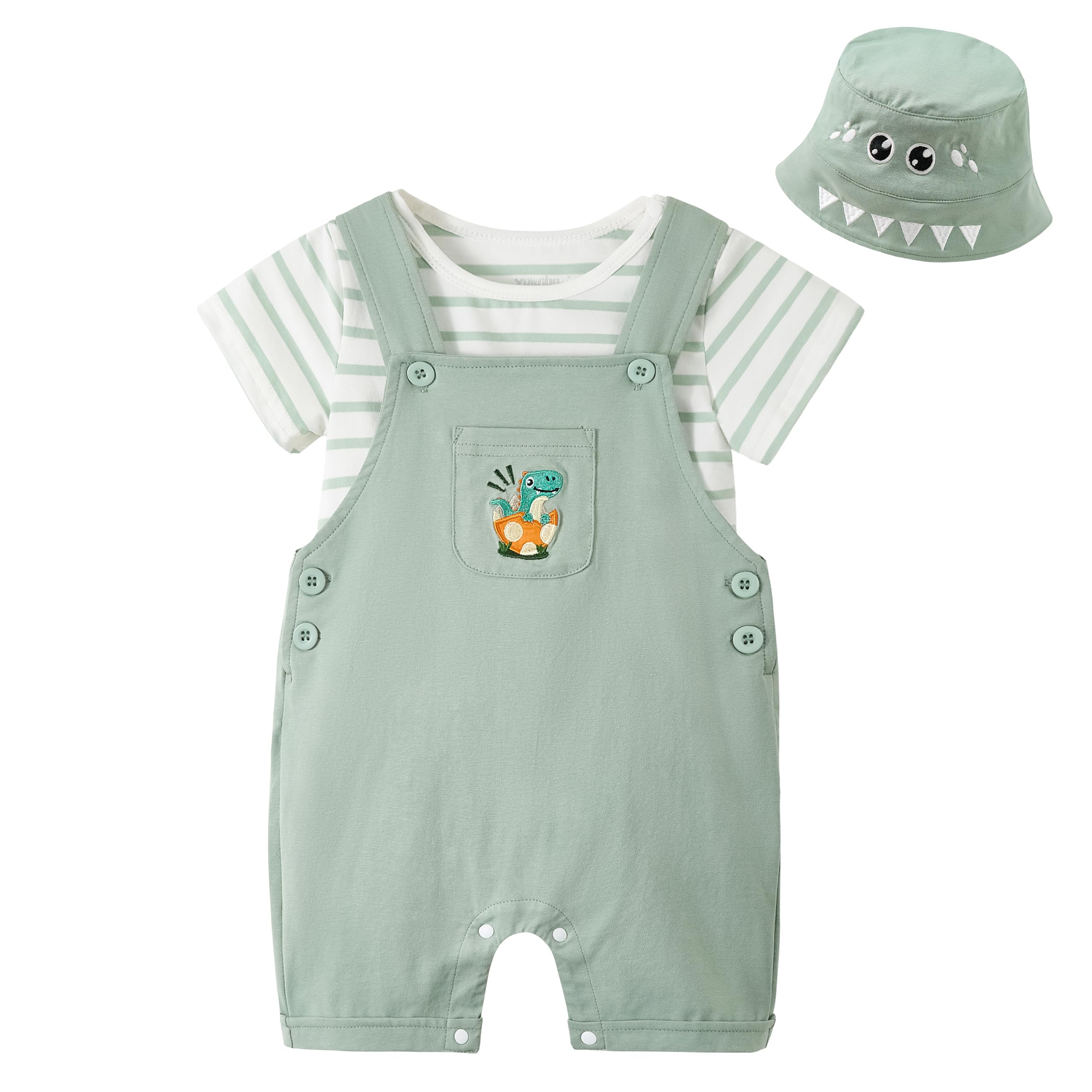 Volunboy Completi Estivi Bambino, Unisex Set di 3 Maglietta a Maniche Corte e Salopette Dinosauro con Cappelli Carino Abito Neonato Tuta
