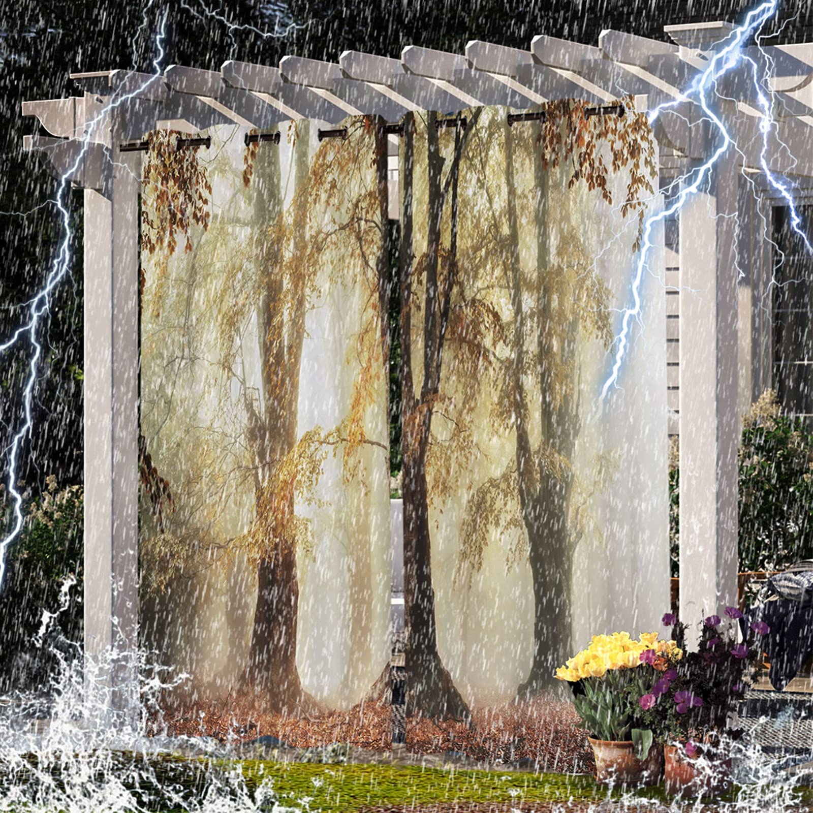 Rideaux d'extérieur imperméables avec motif paysage forestier pour pergola, rideaux occultants à isolation thermique pour tonnelle avec œillets imprimé (2 panneaux, 132 x 213 cm)