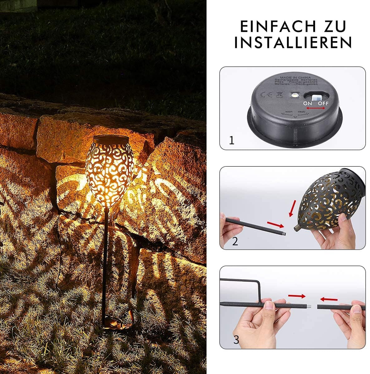 Görvitor Lampade solari per esterni da giardino, 4 pezzi, LED in metallo, per esterni, IP65, impermeabili, orientali, da giardino, a energia solare, luce bianca calda, con picchetto, decorazione da