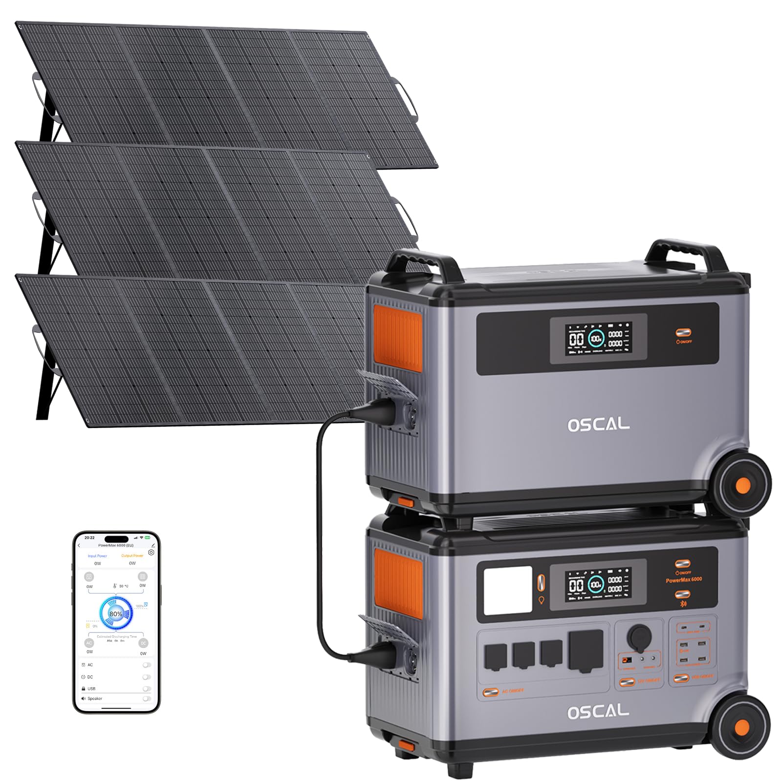 OSCAL 6000W 9000W Peak Portable Solar Power Station with 3 400W Solar Panels 3600Wh LiFePO4 Battery with 3600Wh