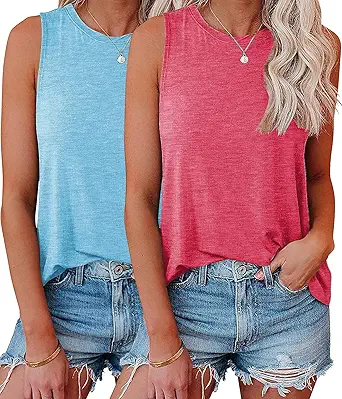 KKJ 2 Pack Womens Tank Tops Workout Tees Summer Clothes Fashion Outfits Crew Neck Sleeveless Loose Fit Fall Casual Shirts