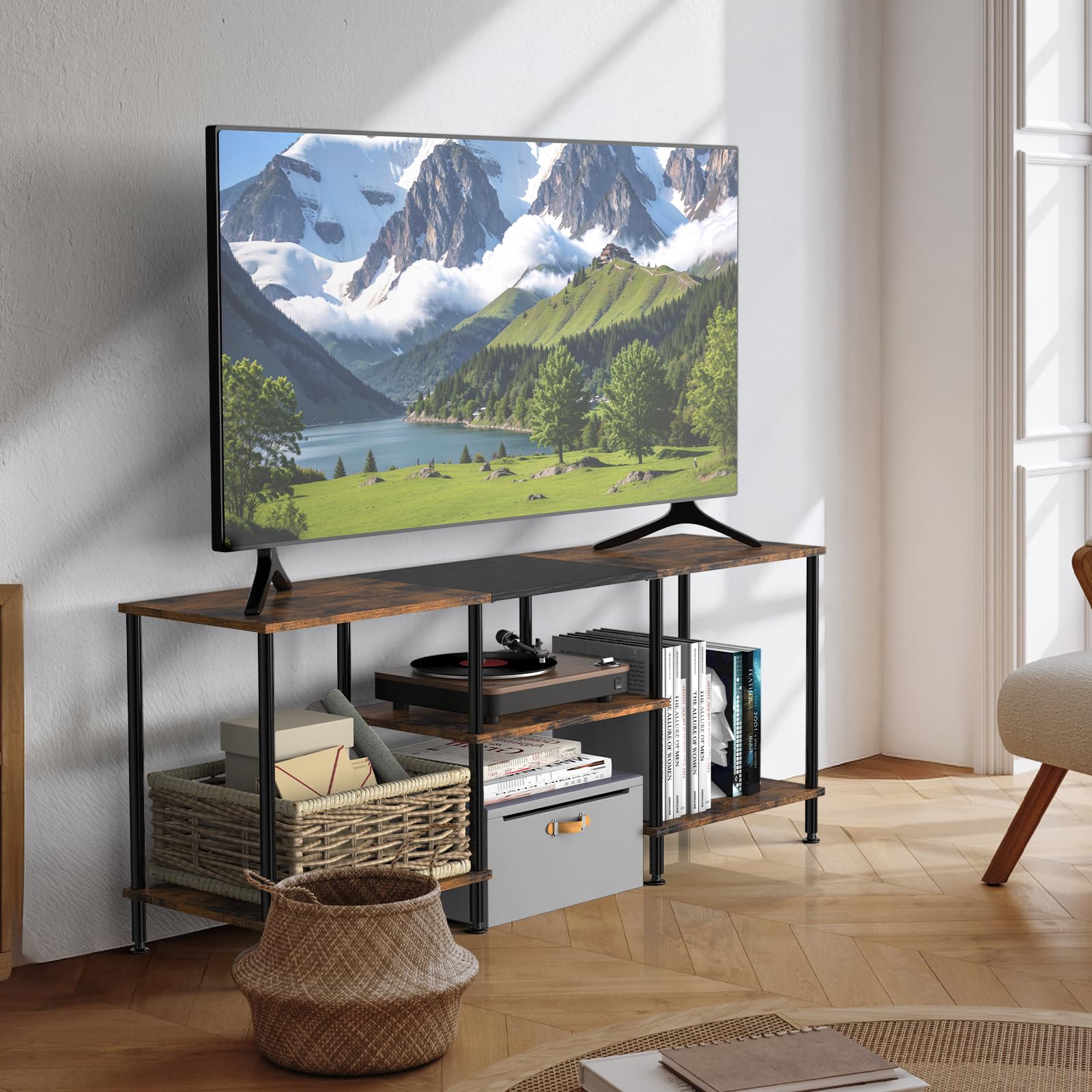 TV Schrank Ständer 3-Stufiges Regal TV-Schrank Freistehend für 50-Zoll-Fernseher Fernseher Schrank mit Verstellbare Standfüße TV Möbel Rustikaler für Wohnzimmer Schlafzimmer Hotels (Braun)