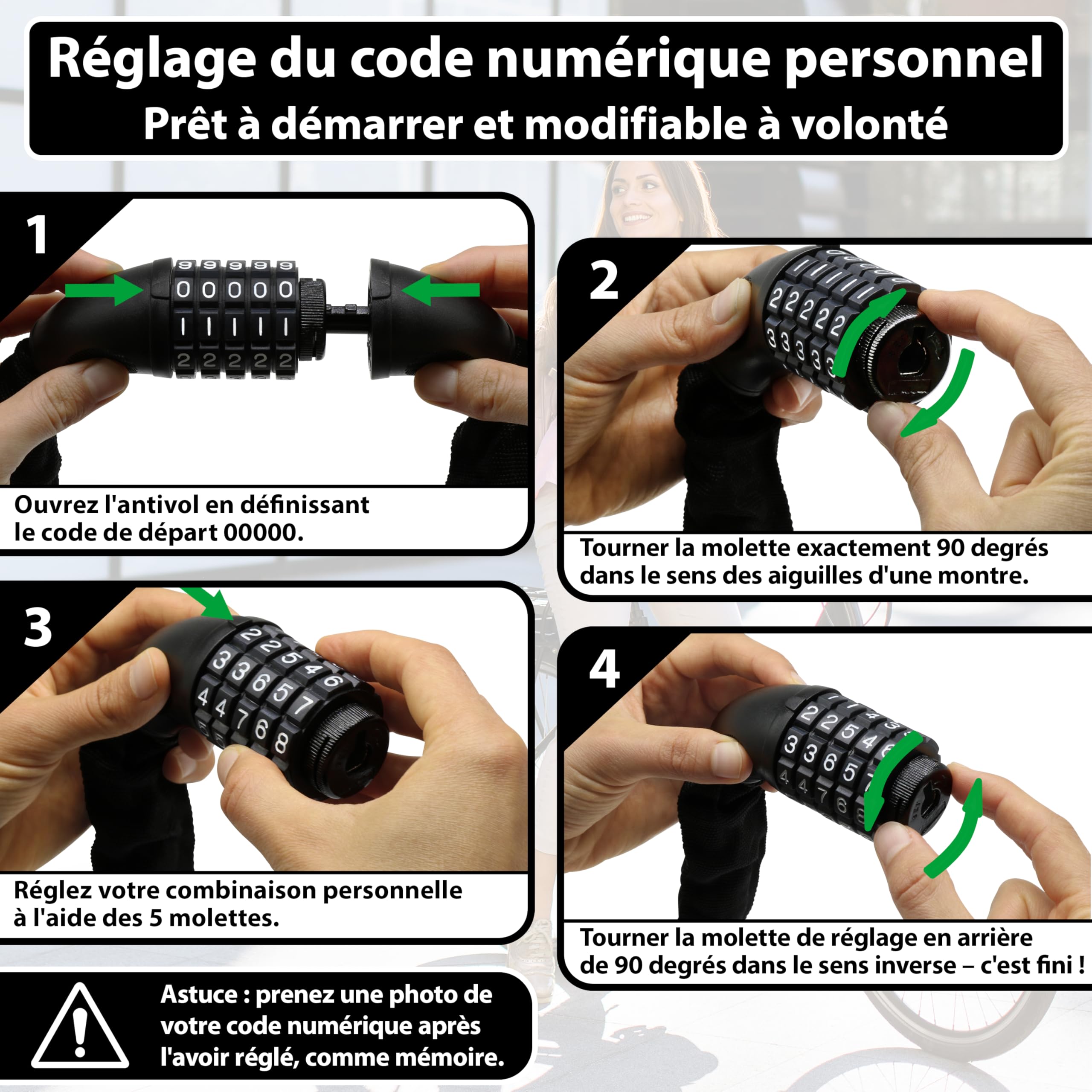 KOHLBURG Chaine antivol velo code [5m extra‑longue] avec acier spécial 6 mm | Chaîne anti vol à combinaison 5 m – Serrure pour vélo, e-bike, trottinette électrique, meubles de jardin, bateau – 500 cm
