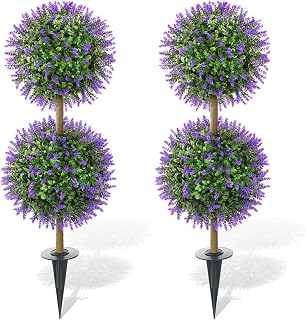 Yunlly 2 Pack 36 Inch Topiary Trees Artificial Outdoor with Lavender Large Topiary Double Balls Artificial Outdoor with Spike UV Resistant Fake Greenery Plant for Front Door Porch Home Garden Decor