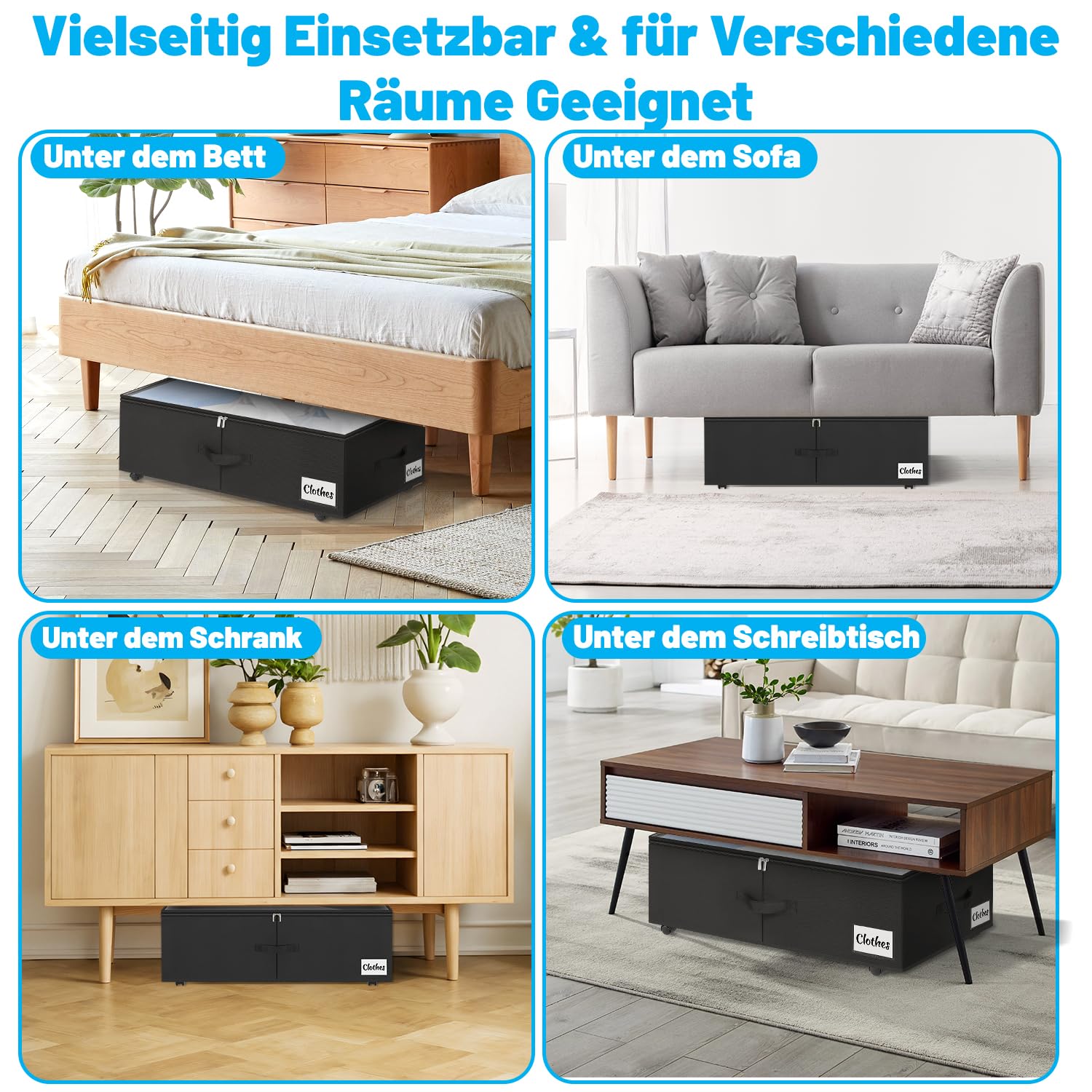 Kukikan Scatole portaoggetti sotto il letto, confezione da 2 pezzi, altezza 20 cm, 50 l, montaggio rapido, con coperchio trasparente e vassoio per etichettatura, ideali per vestiti