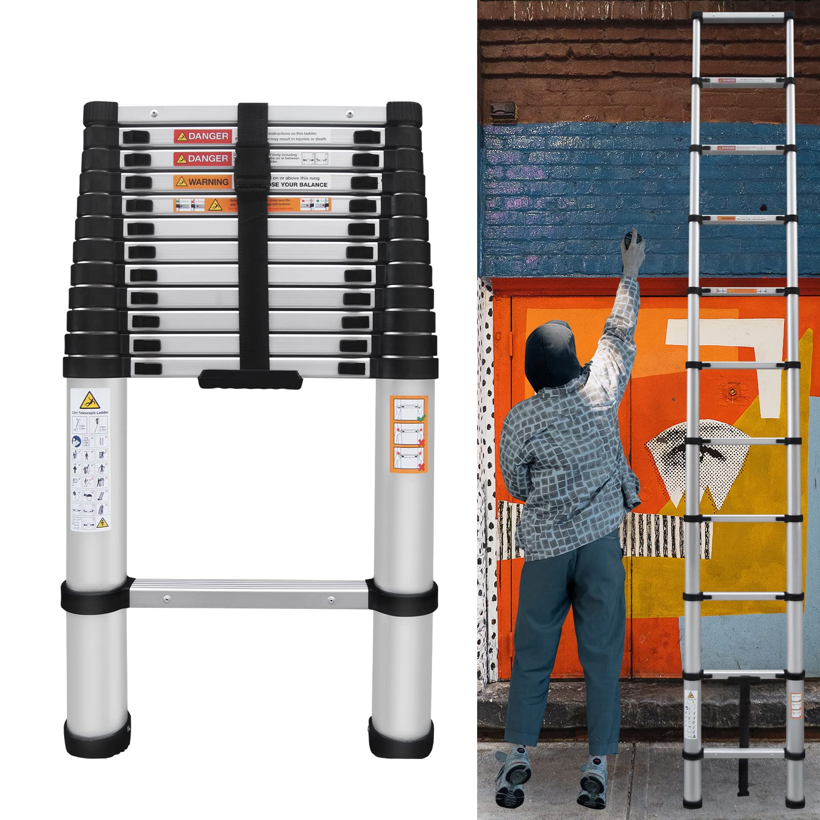 Scala telescopica da 5 m, in alluminio, allungabile, con piedini antiscivolo, capacità 150 kg, standard EN131, per interni ed esterni, colore: argento