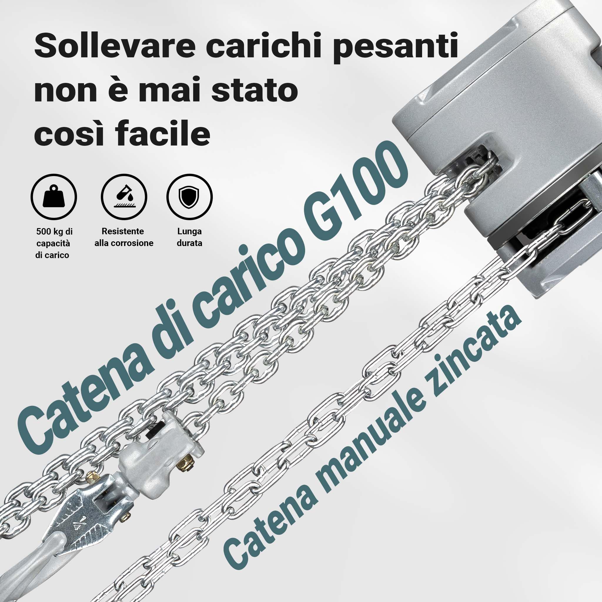 Wiltec Paranco a catena manuale VX-0.25 in alluminio, capacità di carico 250 kg, altezza di sollevamento 3 m, catena di carico G100, leggero e compatto, per impieghi gravosi