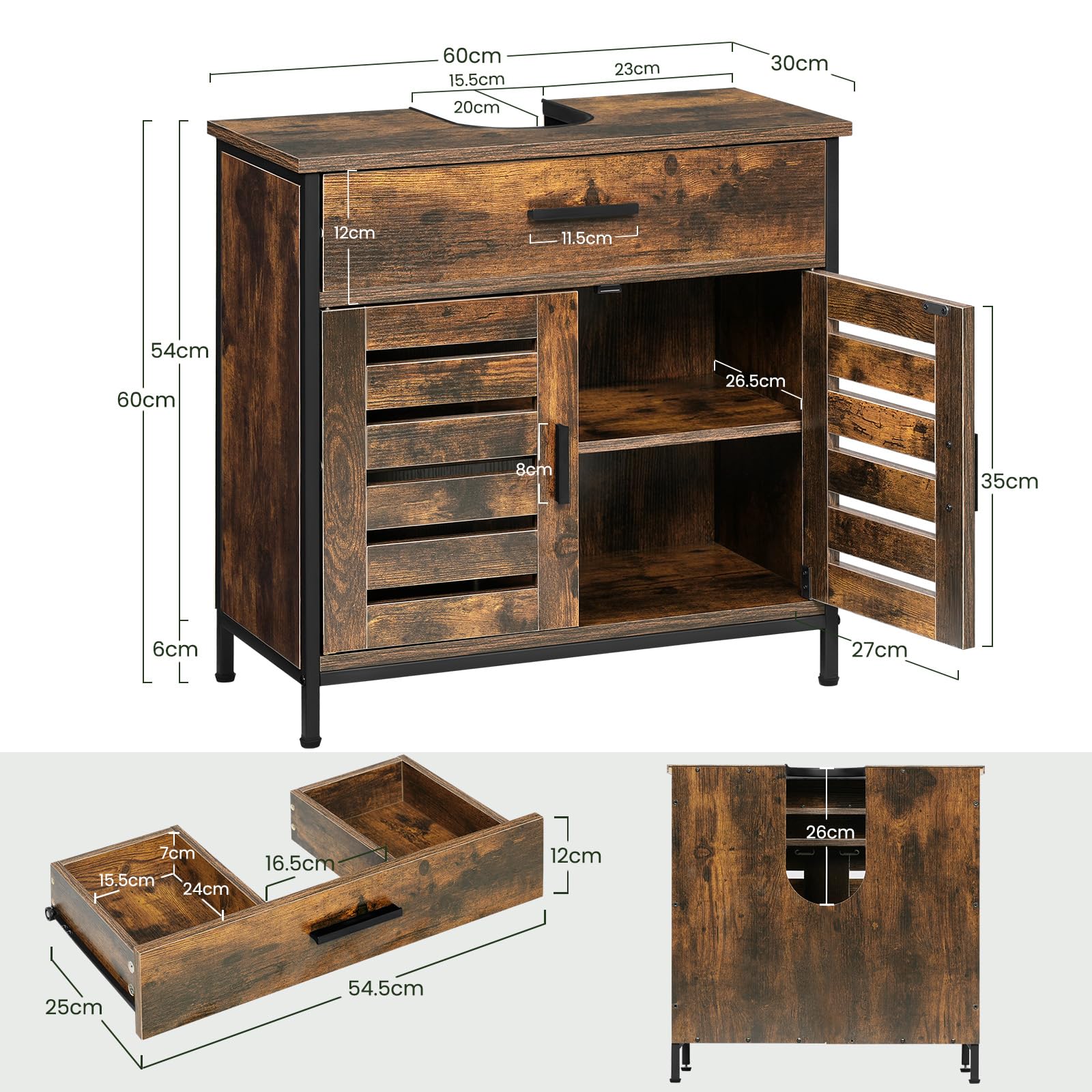 EUGAD Mobiletto, Mobile Lavabo, Mobile Bagno, con 1 Cassetto Grande, 2 Ante a Ribalta, Ripiano Regolabile, MDF, 60x30x60cm, Marrone Rustico