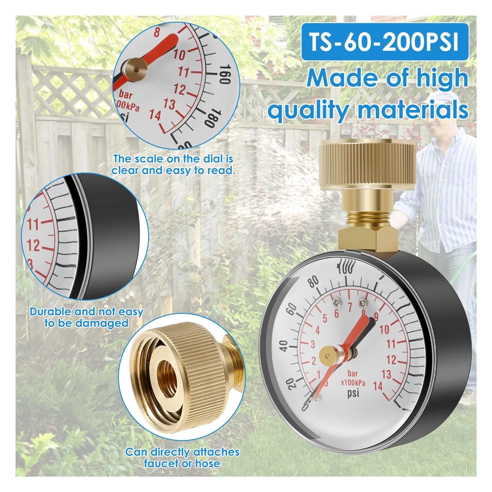 Manometro Manometro Prova Acqua TS-60-200 PSI Pompa per Tubo Flessibile Rubinetto Giardino