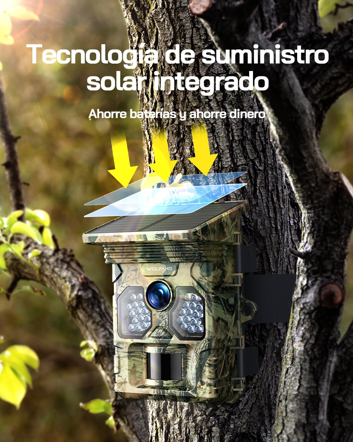 WOLFANG Cámara de Caza Solar 4K 48MP, Camara Fototrampeo con Visión Nocturna, Disparo de 0.1 s, IP66 Impermeable, Camara Caza para Monitoreo de Vida Silvestre con Tarjeta Micro SD 32GB