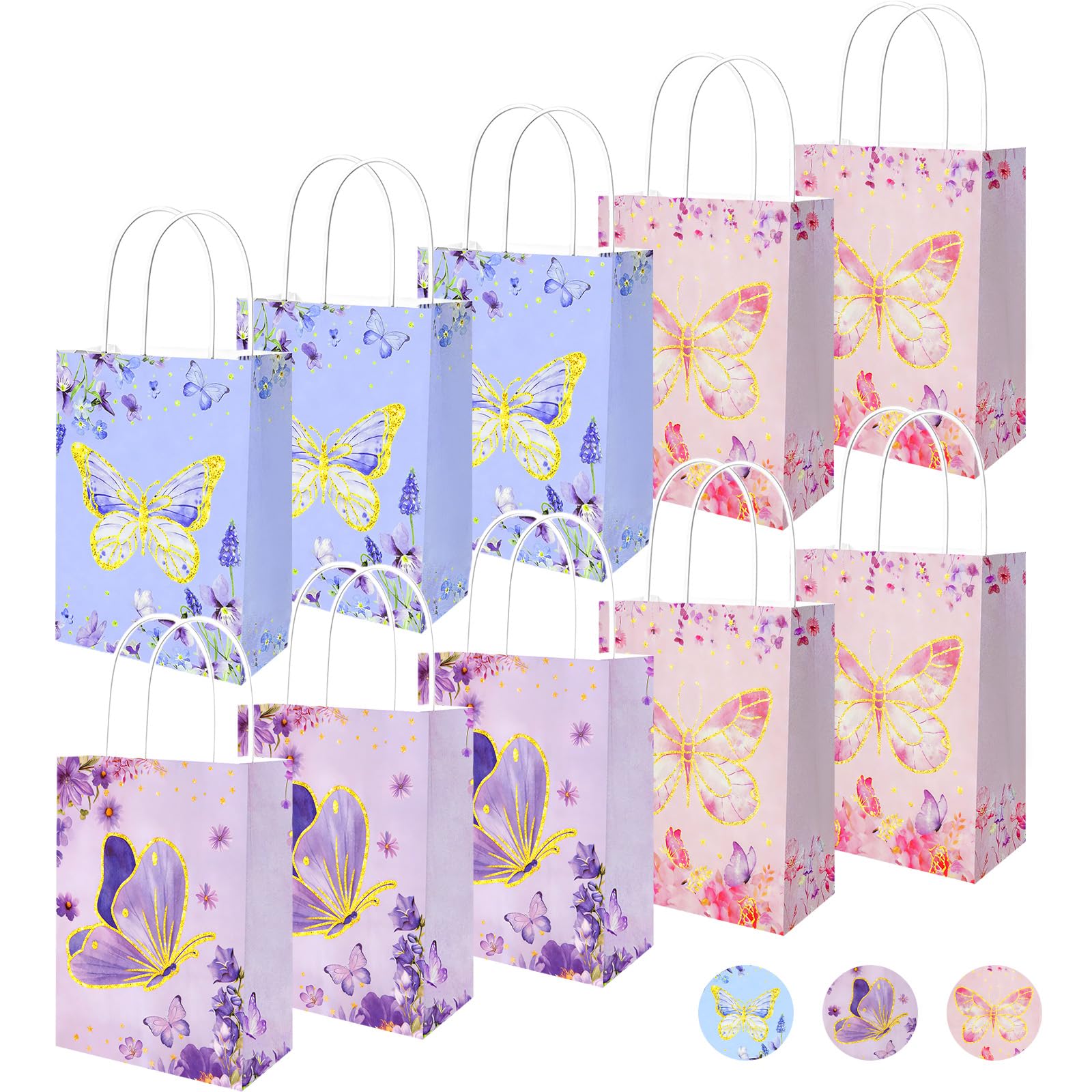 AMFUN 10PCS Butterfly Gift Paper Bags with Handles, Party Bags with Three Styles, Snack Paper Gift Bags, Candy Paper Bags for Children's Birthday Party, Wedding, Baby Shower-21×15×8cm