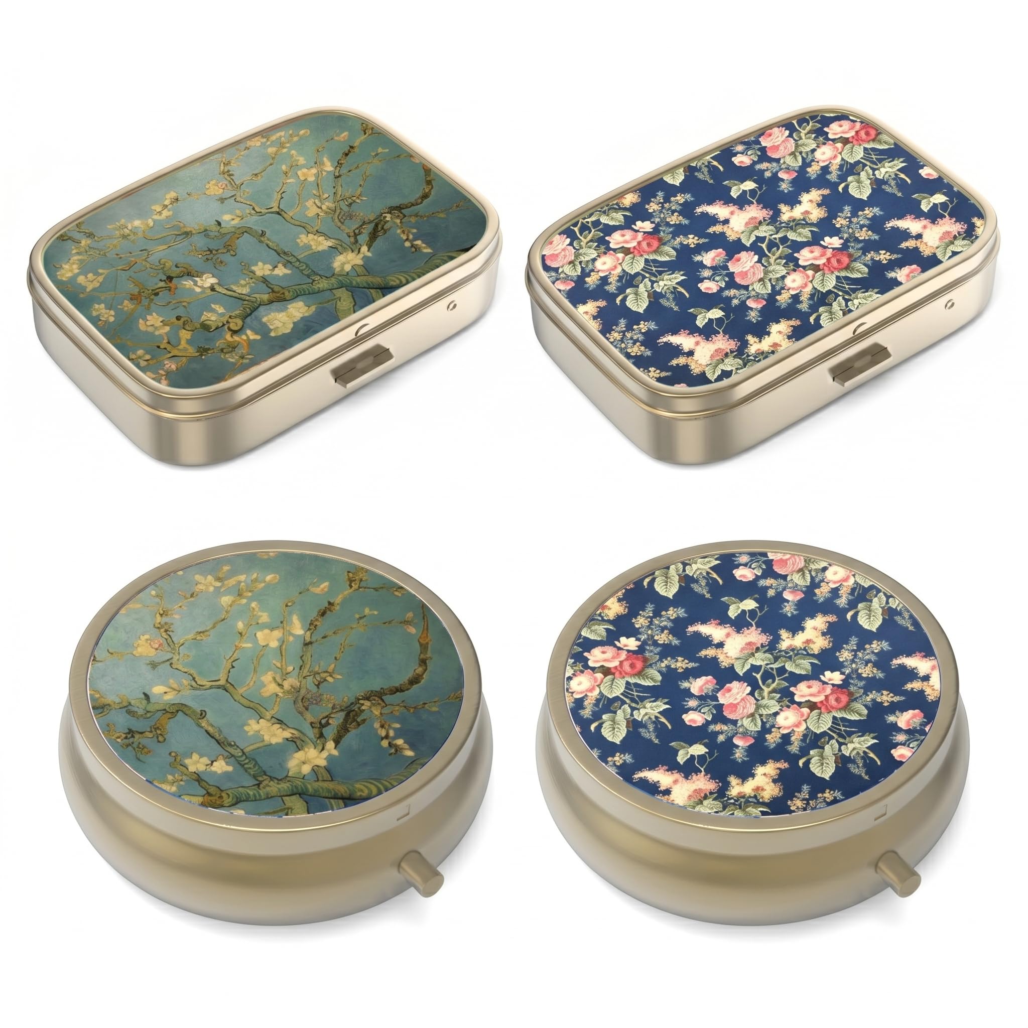 Pill Organizer Pill Box with Mirror Retro Small Pill Case for Purse or Pocket Bronze Pill Box or Vitamins, Fish Oil, Supplements, Pill Containe Travel Gifts（4PCS-Retro Rose Floral +Vangogh Art）