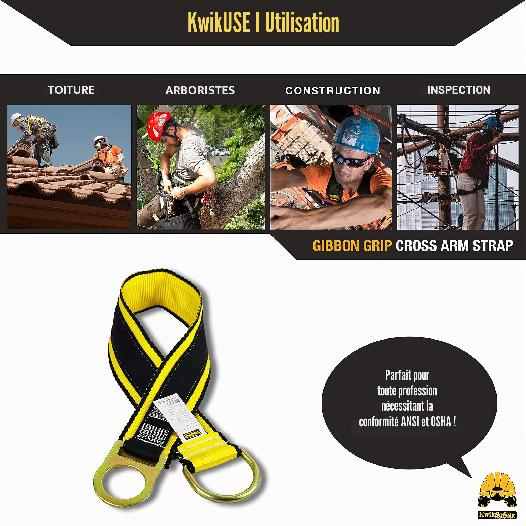 KwikSafety Charlotte, NC – Gibbon Grip Sangle d'ancrage de sécurité de 0,9 m avec Bras croisés – Tour de Cou ANSI – Système Anti-Chute – Double Anneau en D – Sangle d'ancrage OSHA
