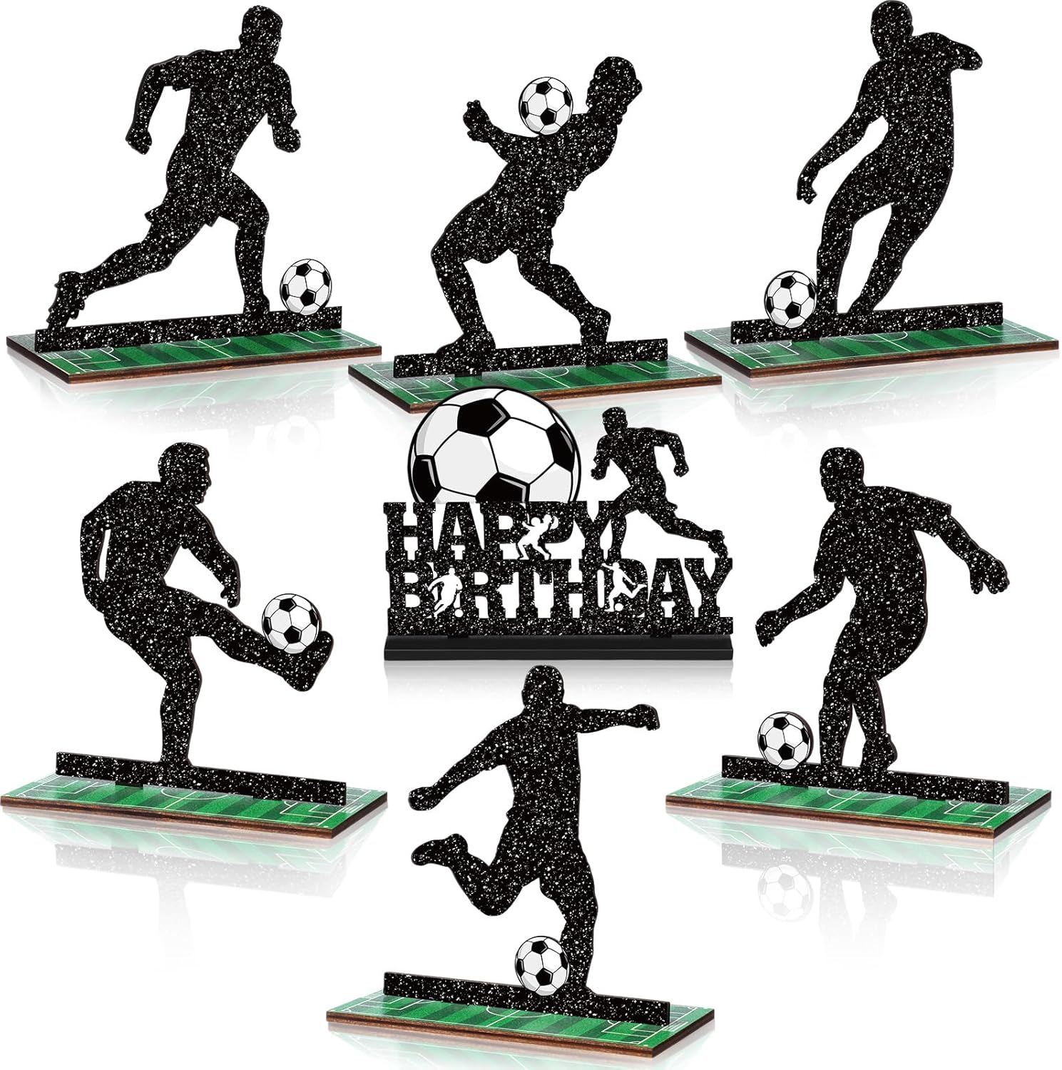 Geetery 6 Pcs Soccer Table Top Decorations Centerpieces Soccer Ball Happy Birthday Wooden Signs Player Silhouette Detachable Gifts for Football Fans Club Sports Theme Party Supplies