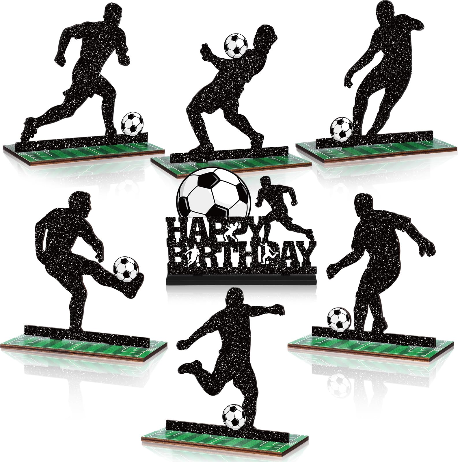 Geetery 7 Pcs Soccer Table Top Decorations Centerpieces Soccer Ball Happy Birthday Wooden Signs Player Silhouette Detachable Gifts for Football Fans Club Sports Theme Party Supplies