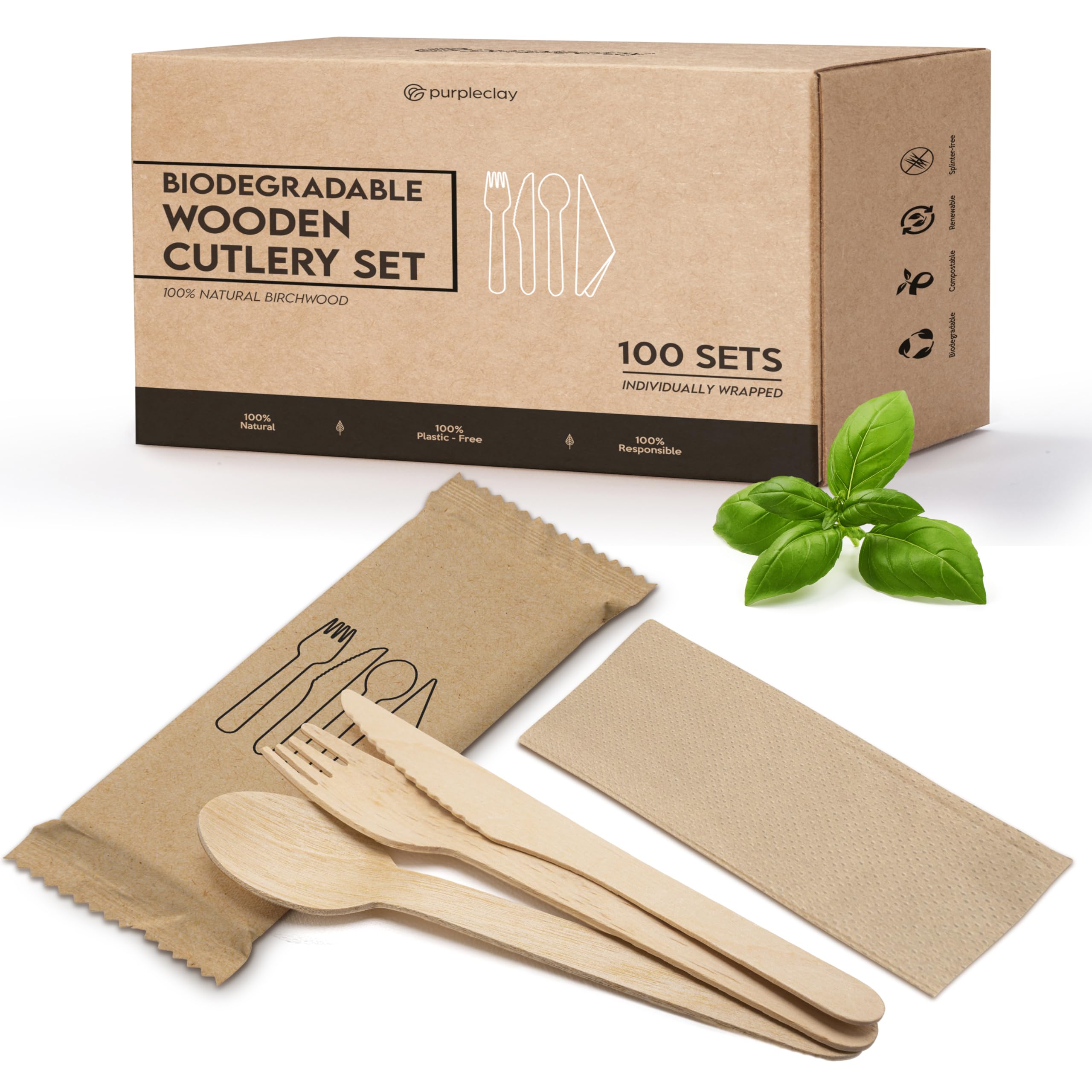 PURPLECLAY Utensils de madera desechables 300 PCS (100 sets) Cutlery envuelto con tenedor, cuchara, cuchillo, napkin