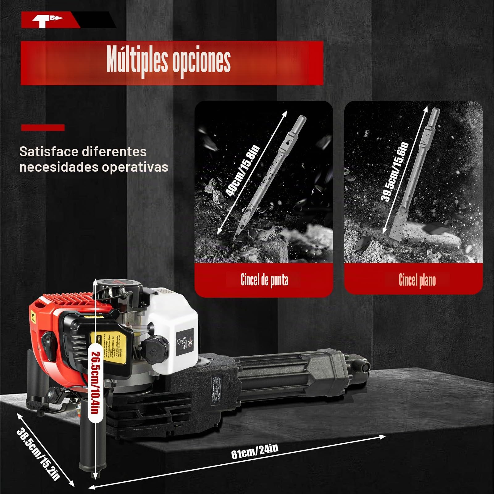 MINRS - Martillo de demolición de gasolina (52 cc, 2 tiempos, martillo perforador, 1900 W, gasolina, rompedor de hormigón, 50J, taladro de hormigón multifunción, con cincel afilado y cincel plano