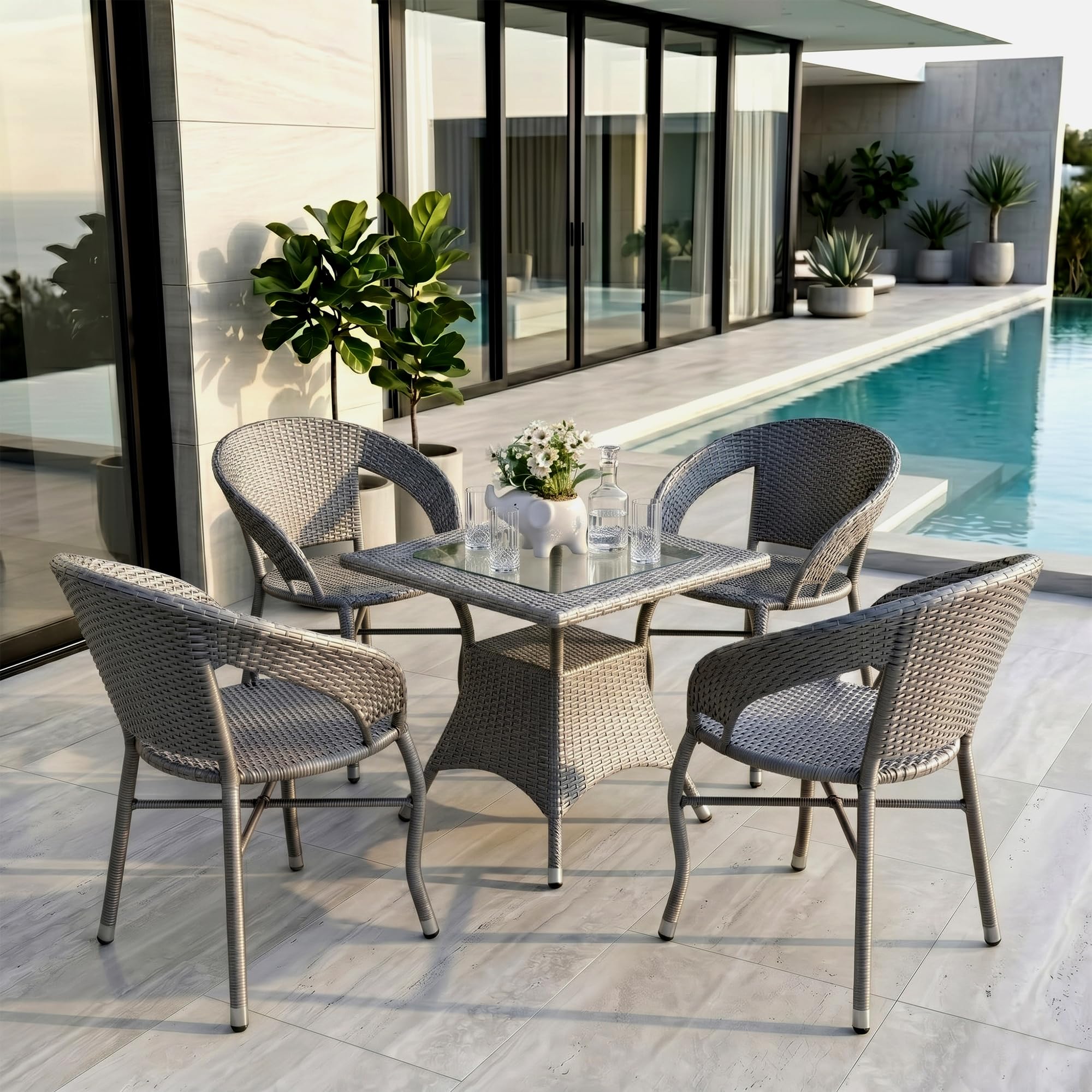 BRISHI 5-Piece Outdoor Rattan Wicker Patio Square Coffee Table Set | Garden Furniture for Balcony, Terrace, Poolside & Porch | Waterproof Bistro Sets for Home & Backyard (Grey)